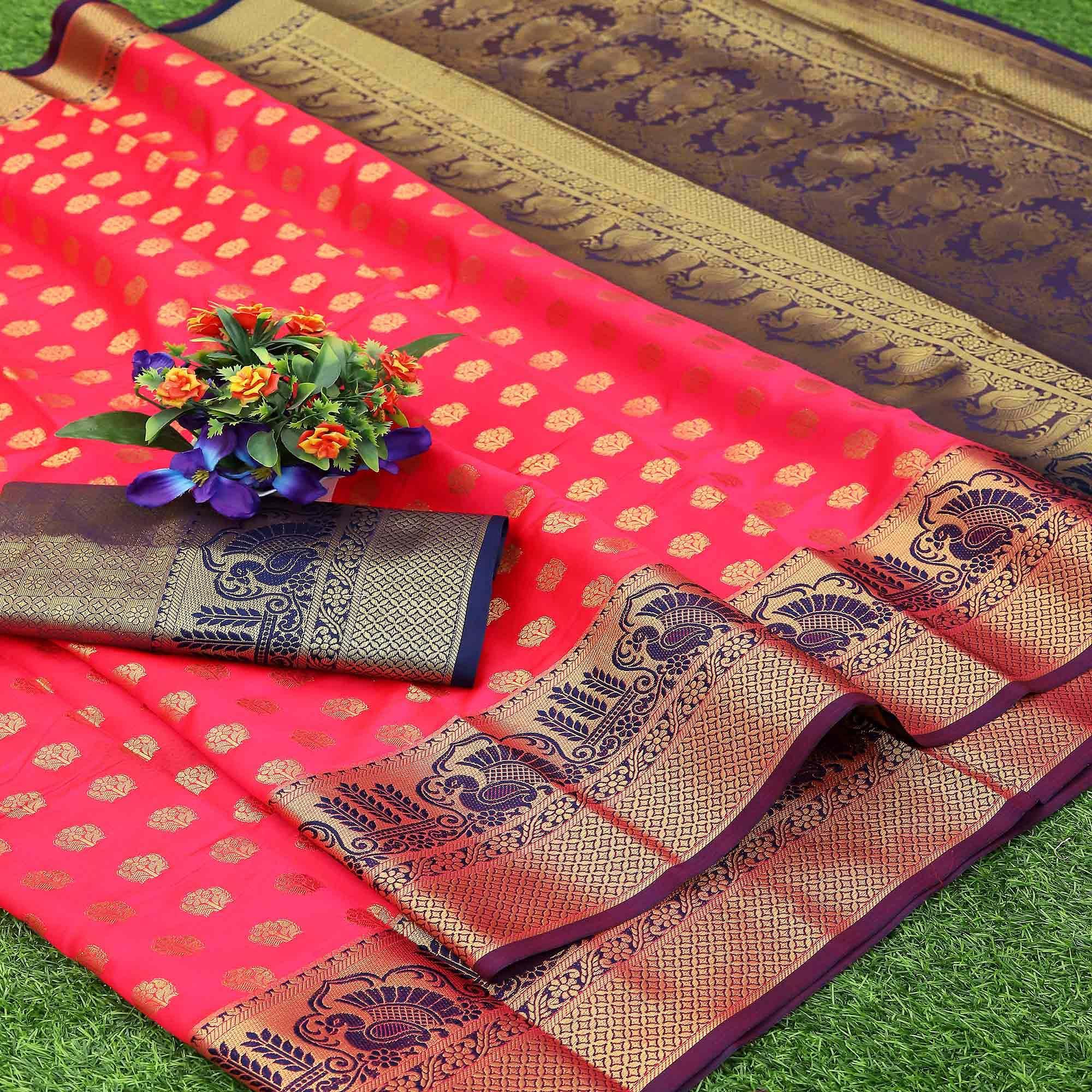 Pink Festive Embroidered Kota Banarasi Art Silk Saree - Peachmode