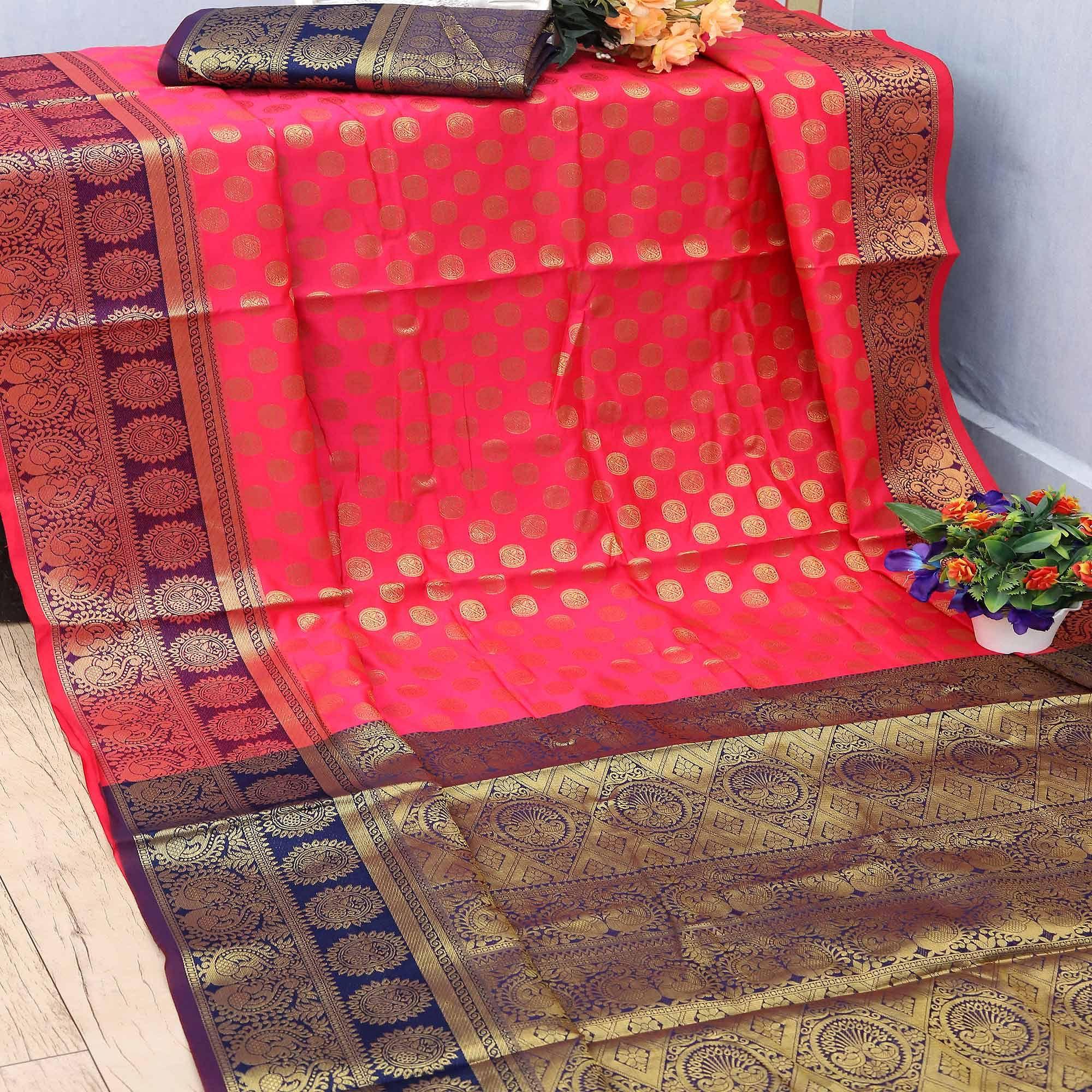 Pink Festive Embroidered Kota Banarasi Art Silk Saree - Peachmode