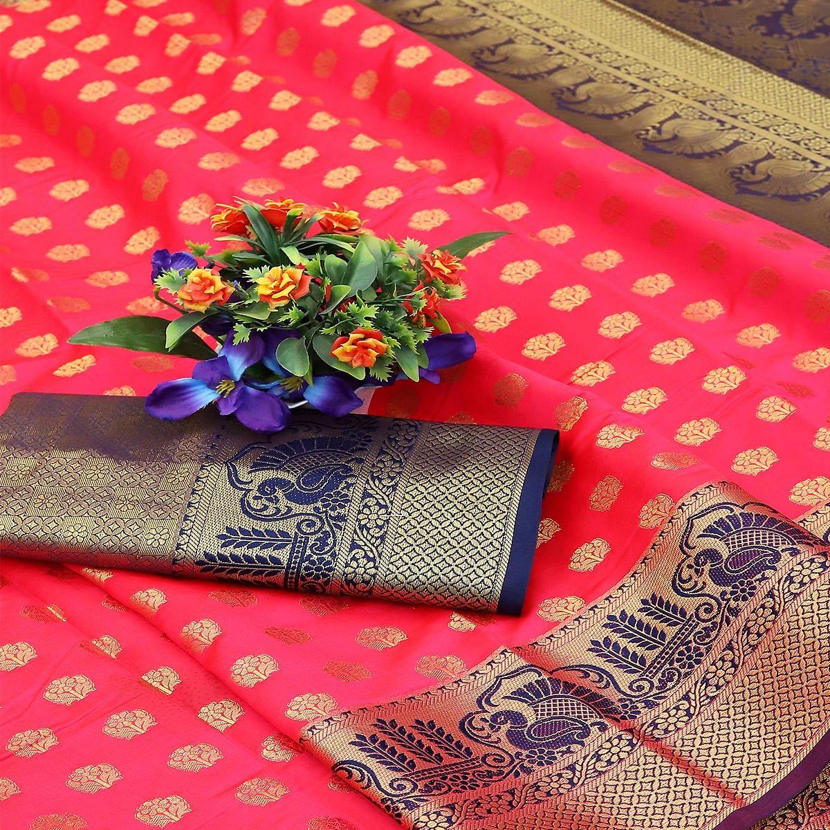 Pink Festive Embroidered Kota Banarasi Art Silk Saree - Peachmode
