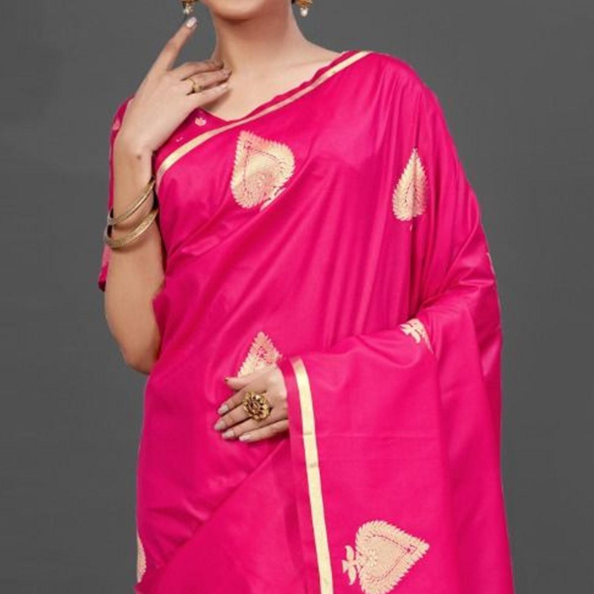 Pink Festive Silk Blend Woven Saree With Unstitched Blouse - Peachmode