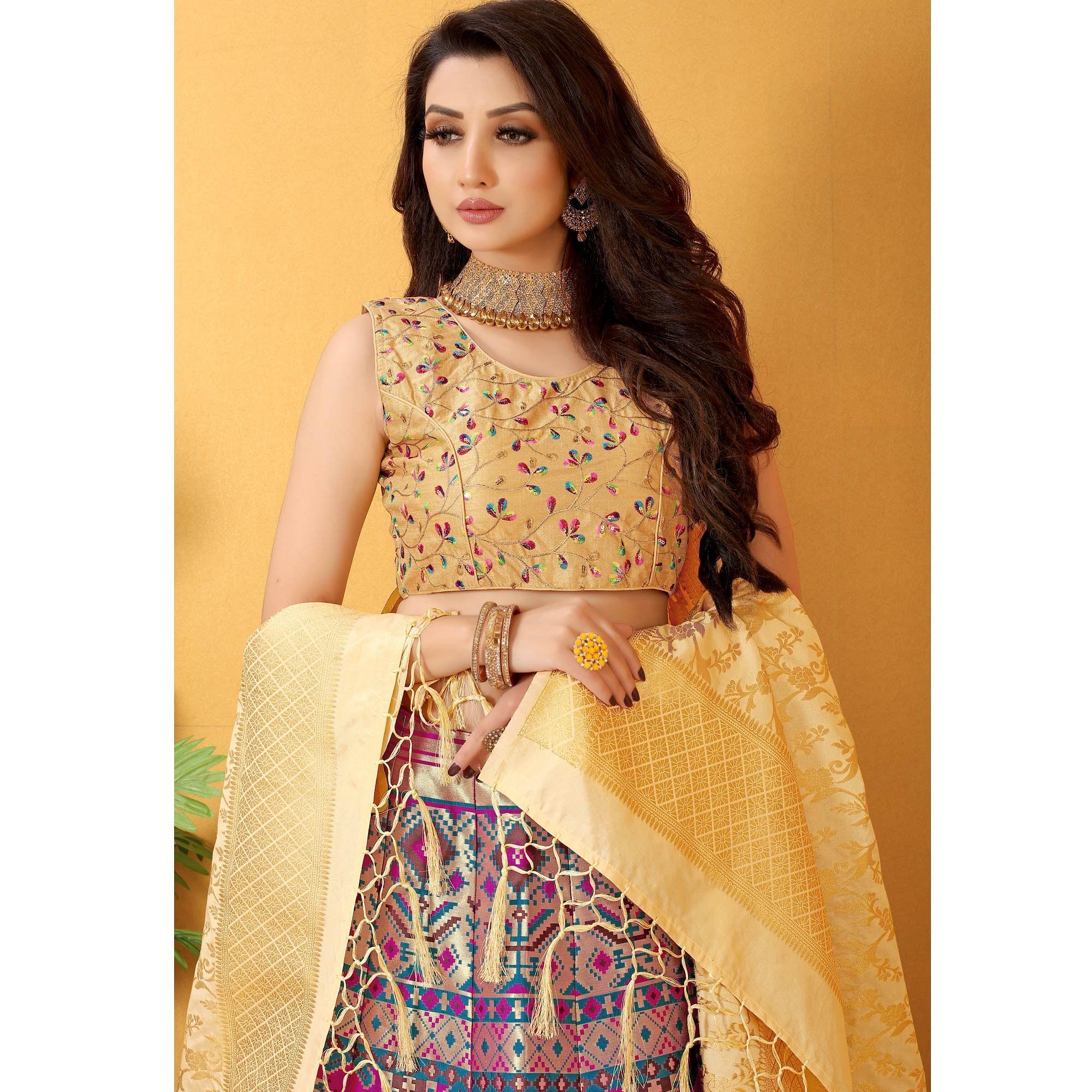 Pink Festive Wear Banarasi Meenakari Jacquard Lehenga Choli - Peachmode