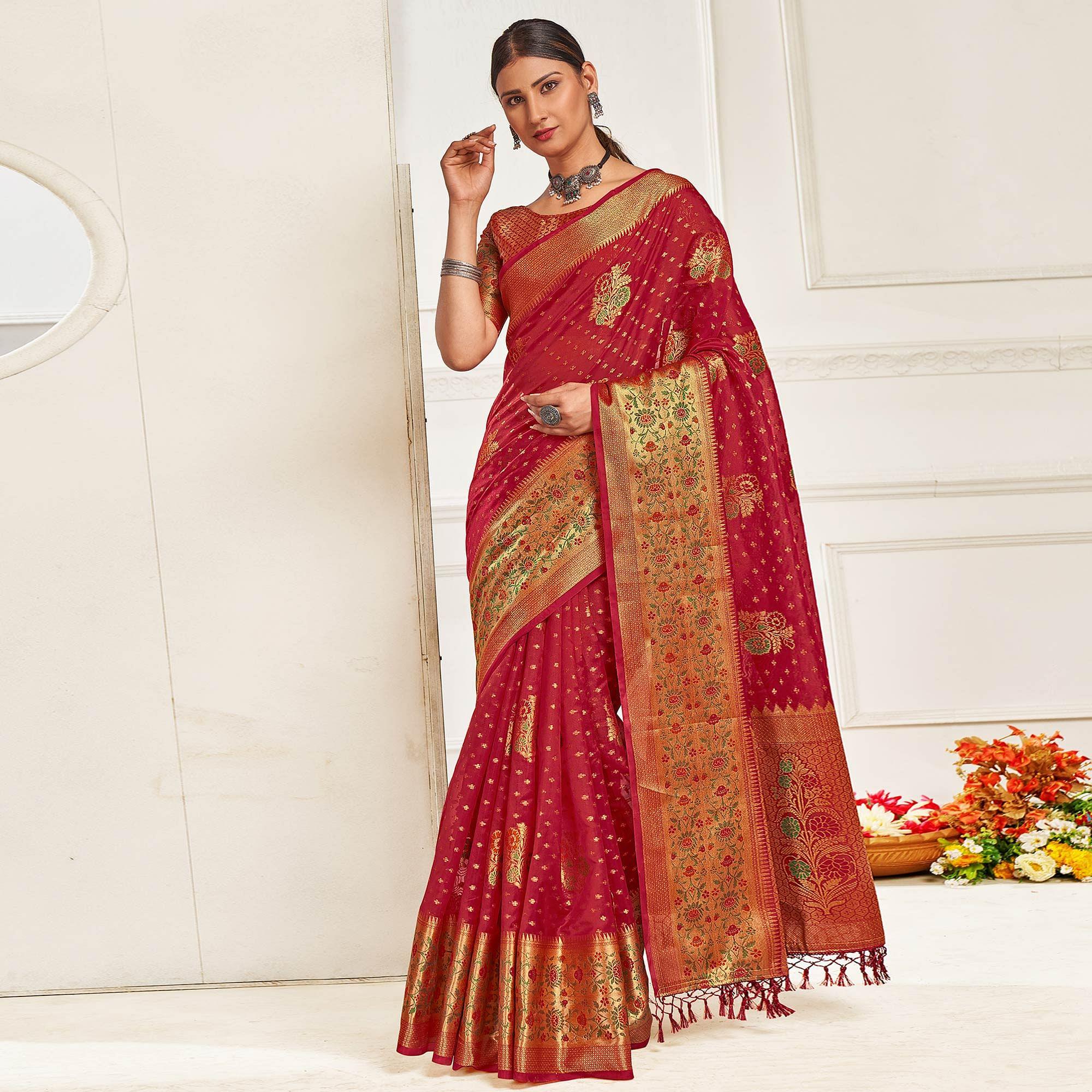 Pink Festive Wear Banarasi Woven Organza Saree - Peachmode
