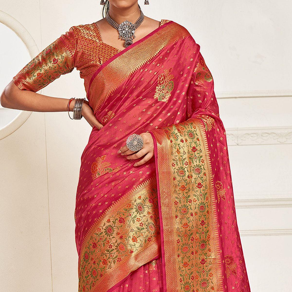 Pink Festive Wear Banarasi Woven Organza Saree - Peachmode
