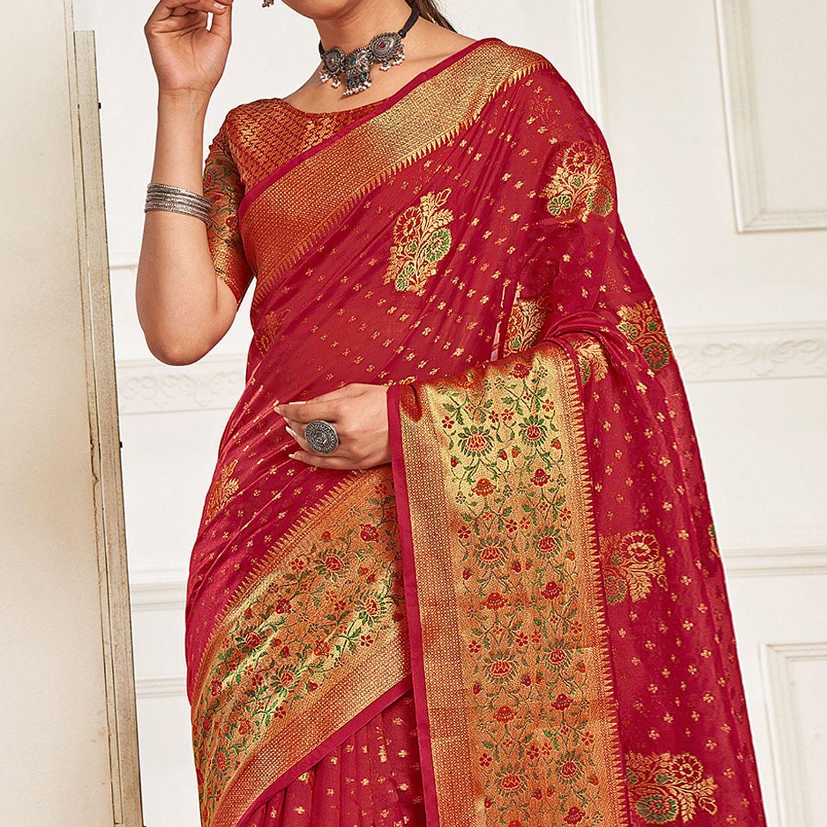 Pink Festive Wear Banarasi Woven Organza Saree - Peachmode