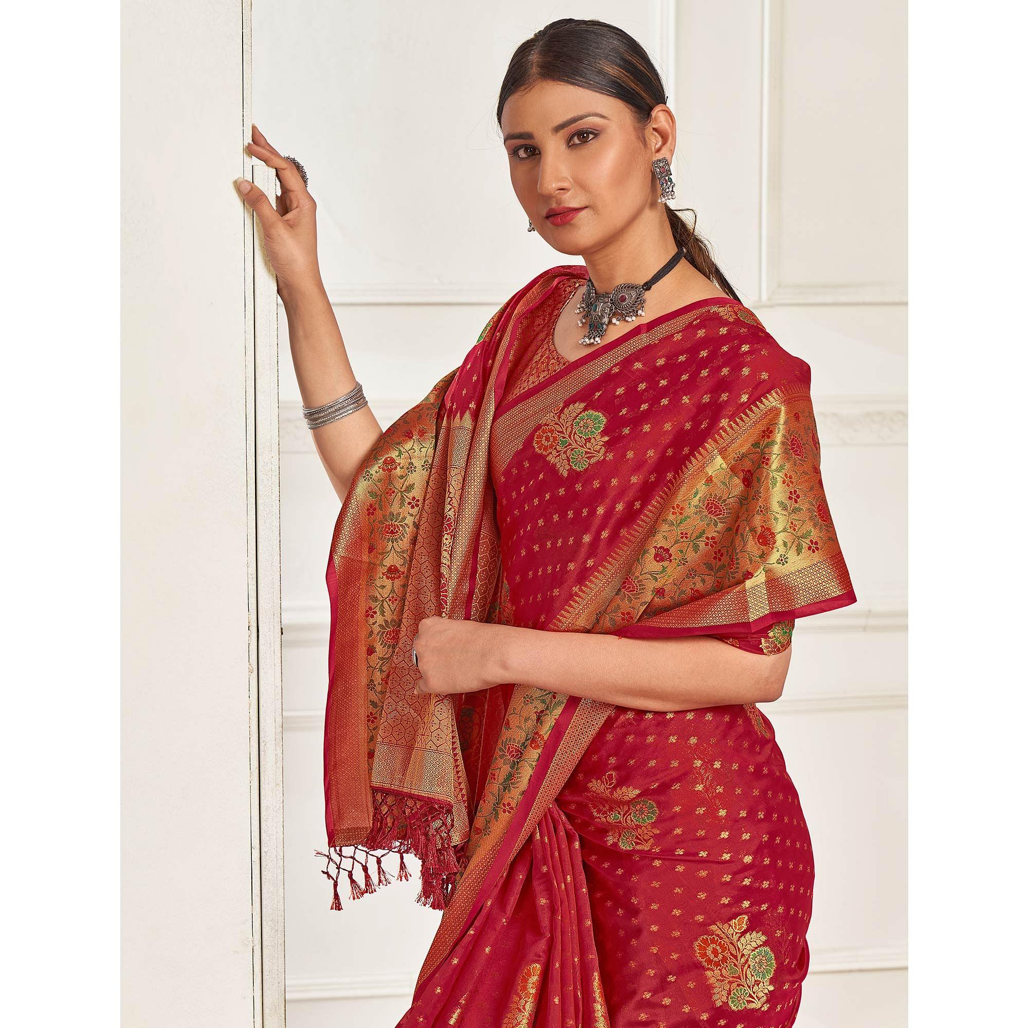 Pink Festive Wear Banarasi Woven Organza Saree - Peachmode