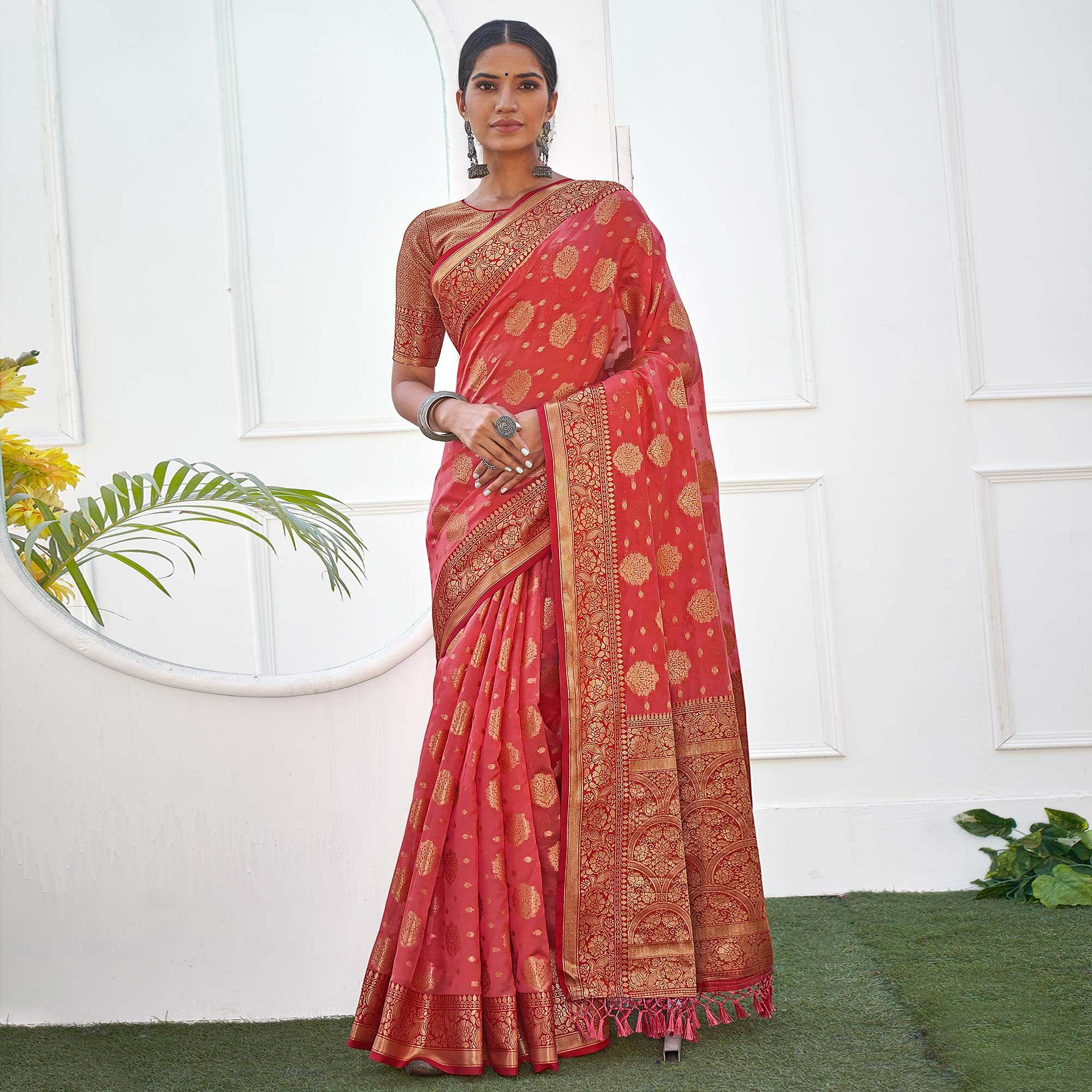 Pink Festive Wear Banarasi Woven Organza Saree With Tassels - Peachmode