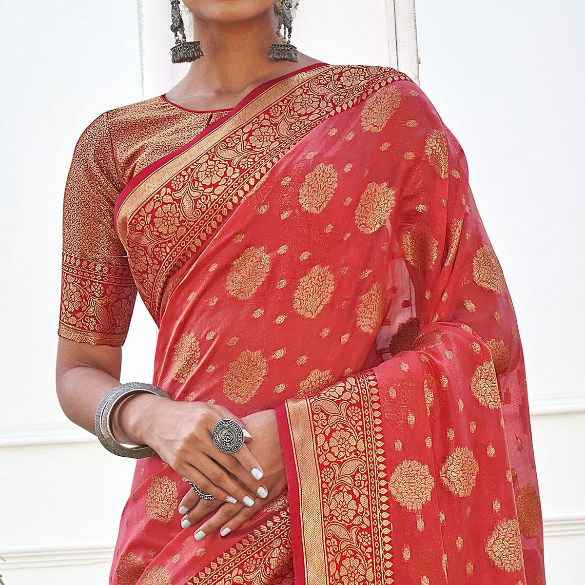 Pink Festive Wear Banarasi Woven Organza Saree With Tassels - Peachmode