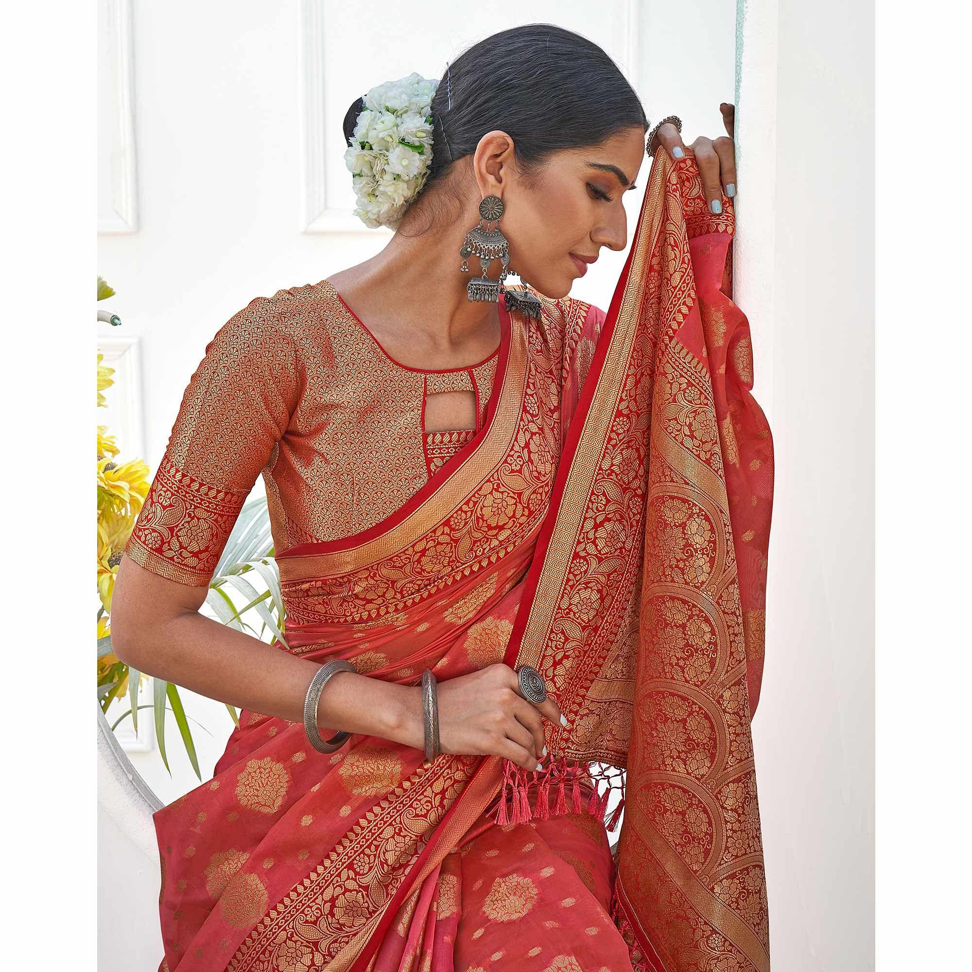 Pink Festive Wear Banarasi Woven Organza Saree With Tassels - Peachmode