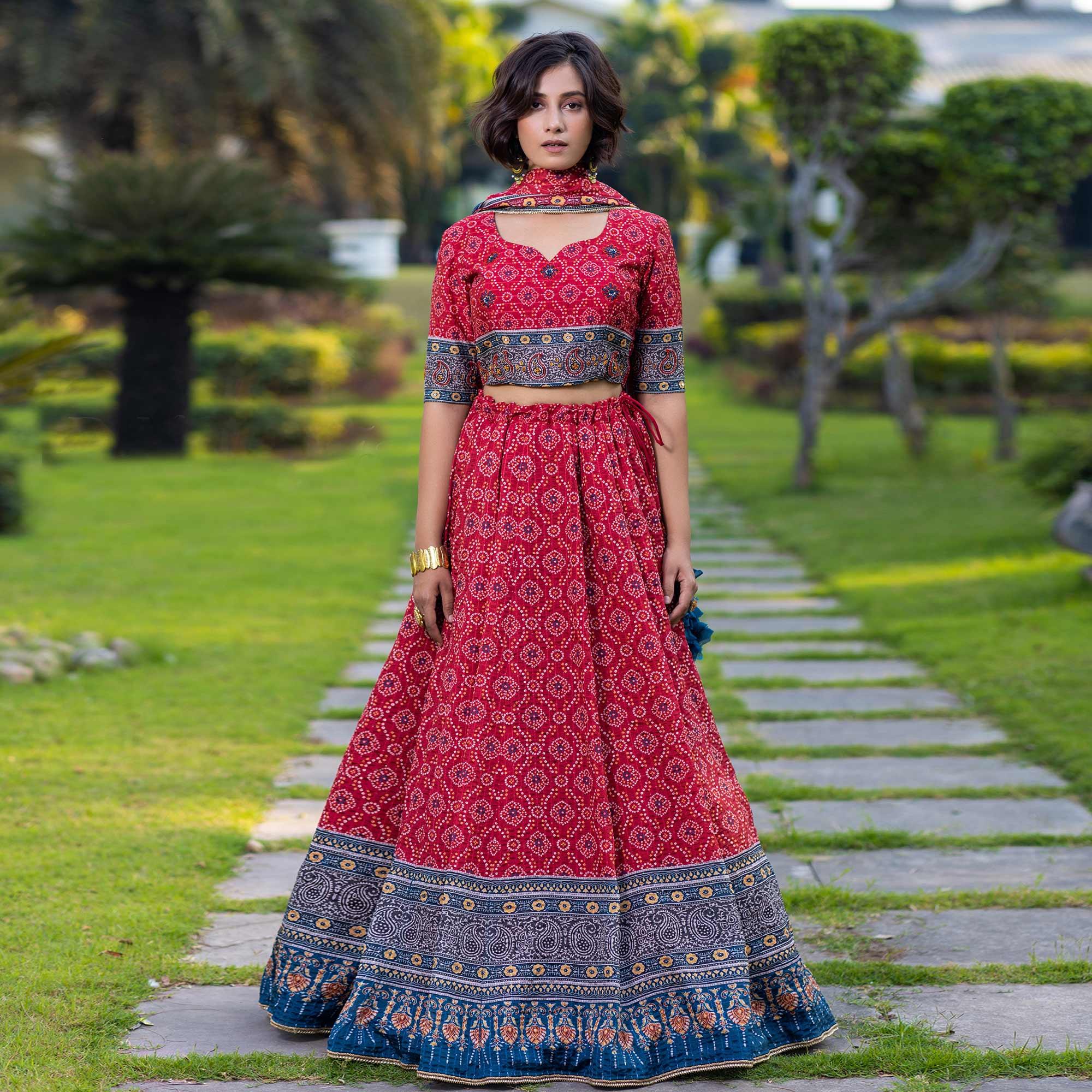 Pink Festive Wear Bandhani Printed With Sequence Muslin Lehenga Choli - Peachmode