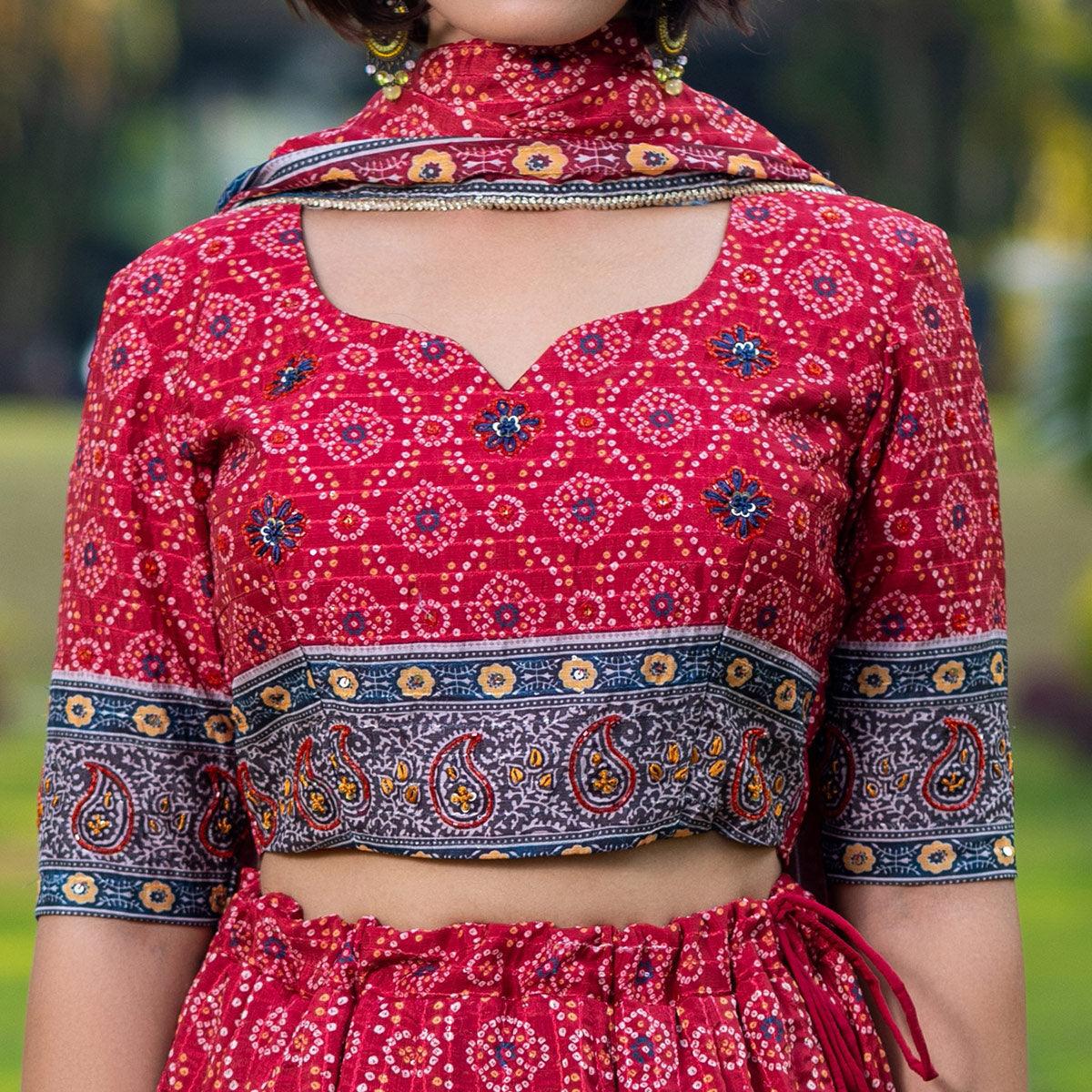 Pink Festive Wear Bandhani Printed With Sequence Muslin Lehenga Choli - Peachmode