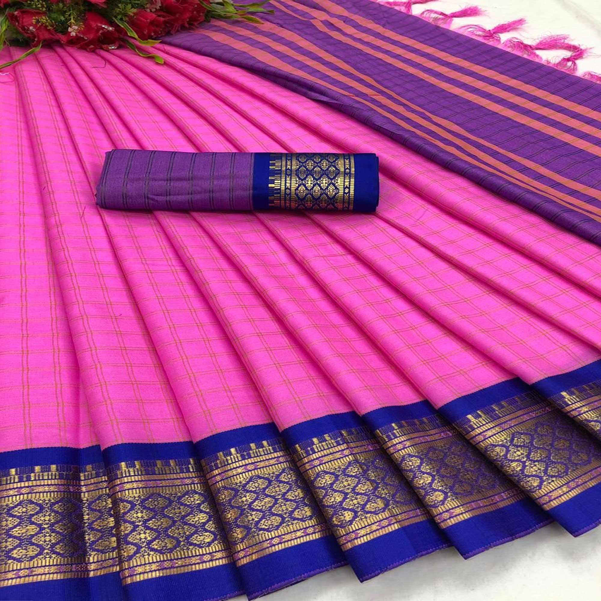 Pink Festive Wear Checks With Woven Border Cotton Silk Saree - Peachmode