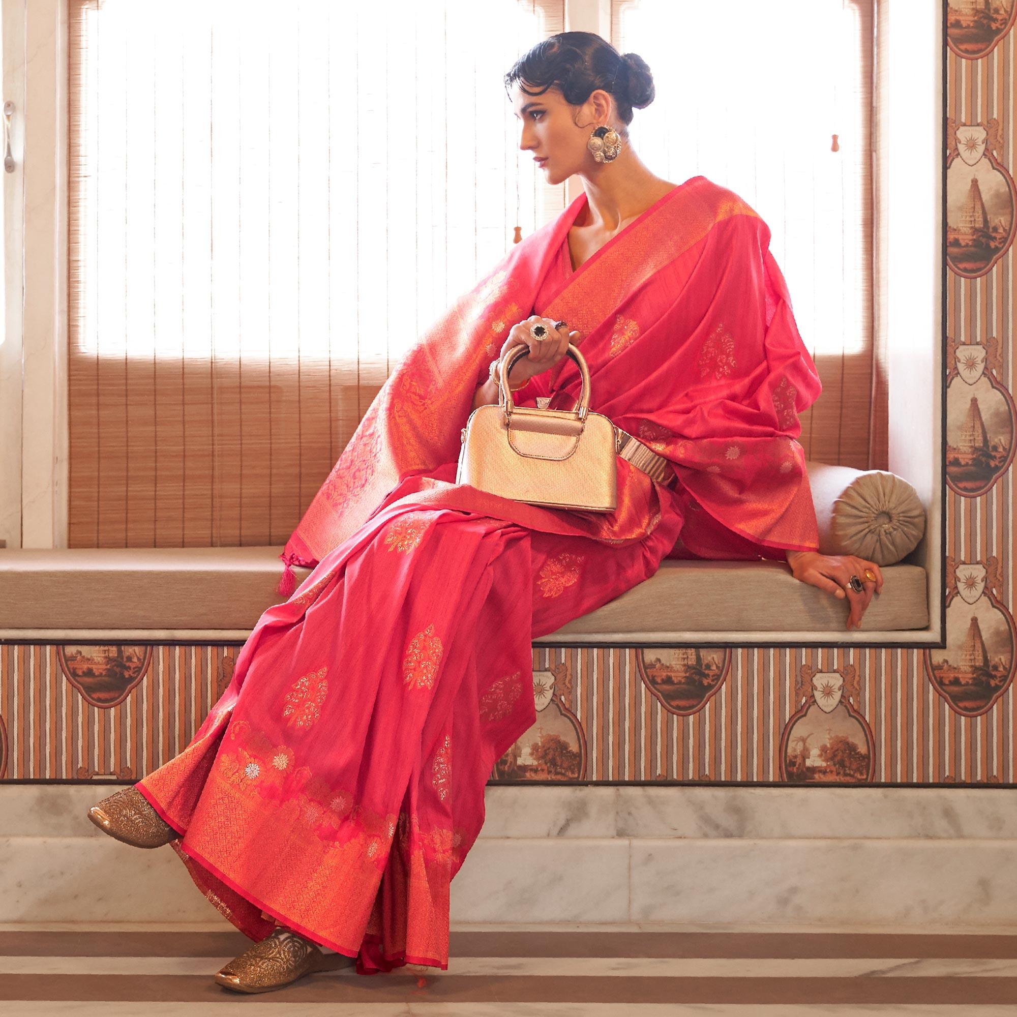 Pink Festive Wear Copper Zari Weaving Tussar Silk Saree With Tassels - Peachmode