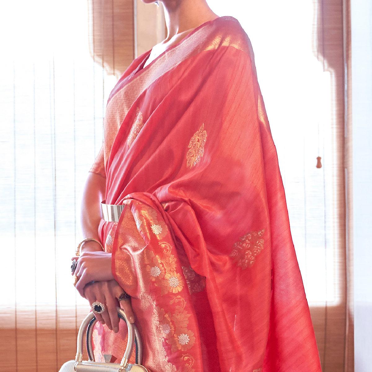 Pink Festive Wear Copper Zari Weaving Tussar Silk Saree With Tassels - Peachmode