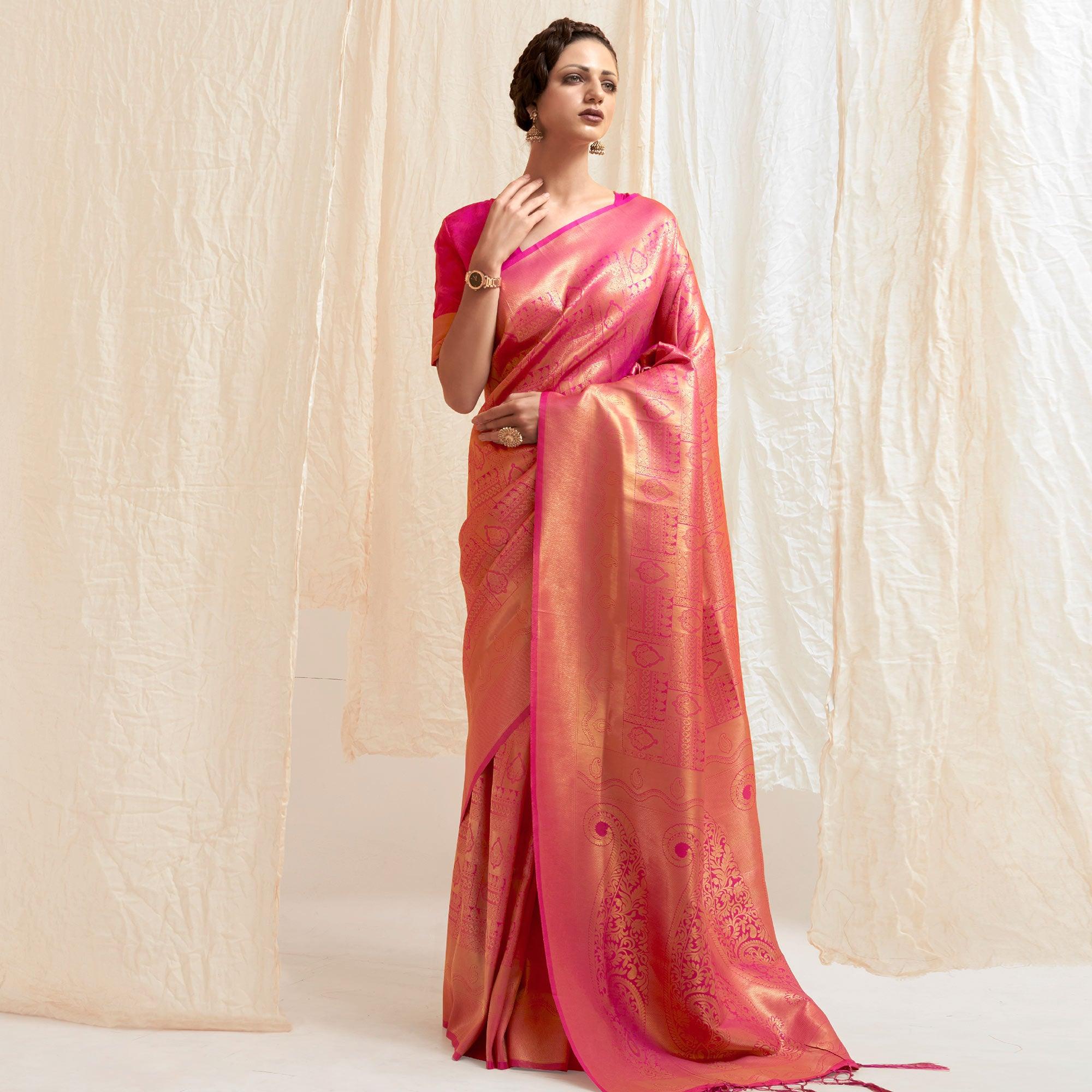 Pink Festive Wear Designer Woven Silk Saree - Peachmode