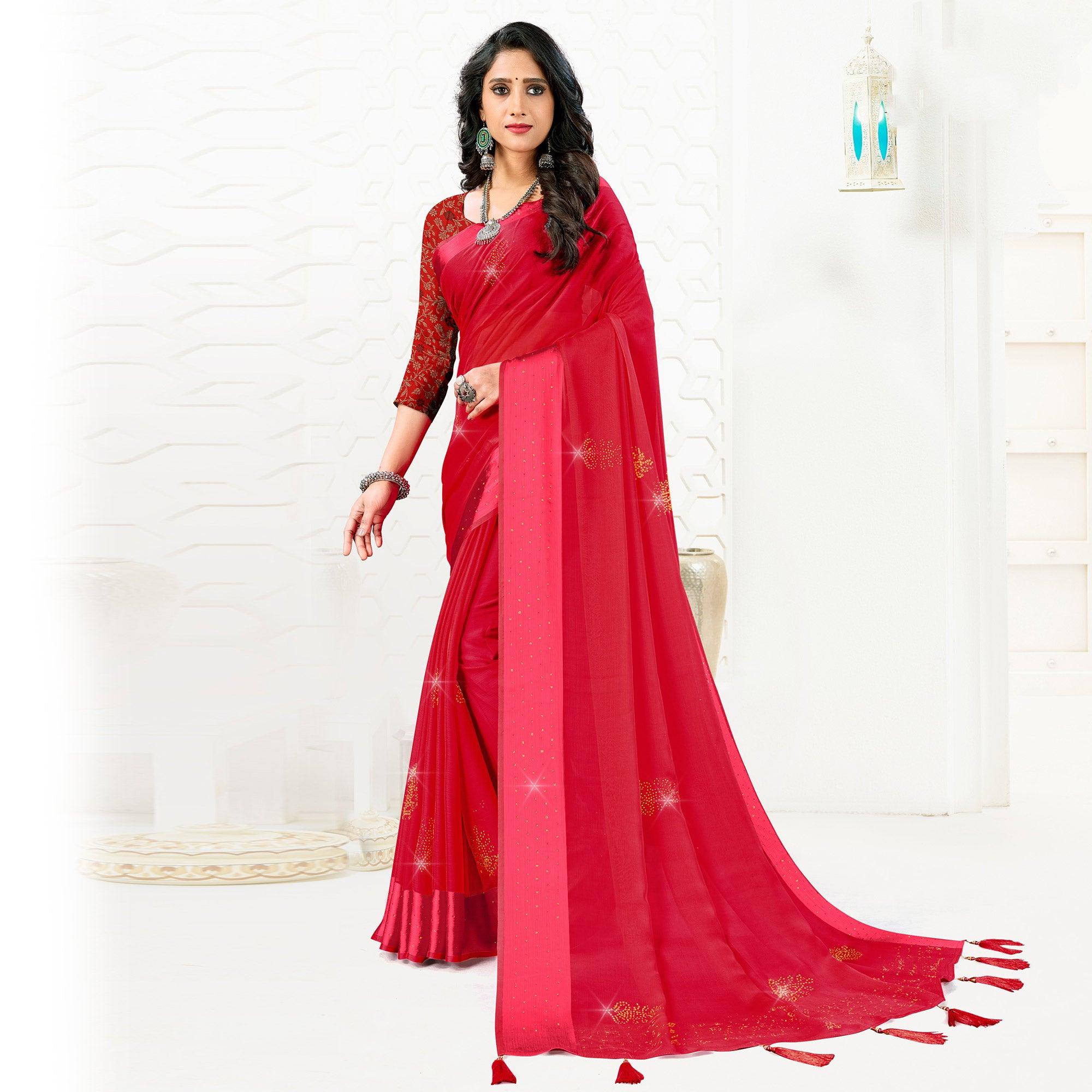 Pink Festive Wear Diamond And Swarovski Soft Chiffon-Satin Saree - Peachmode