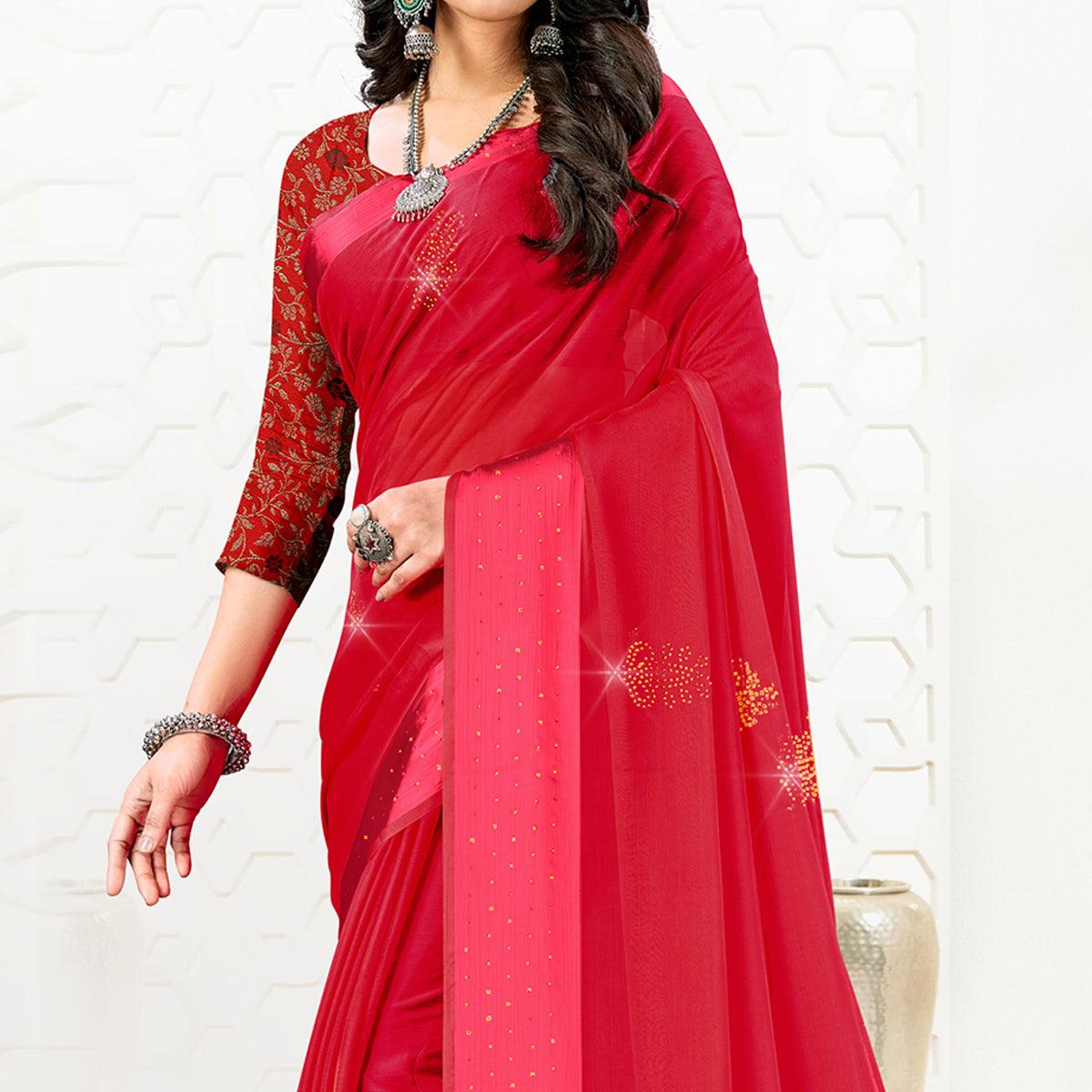 Pink Festive Wear Diamond And Swarovski Soft Chiffon-Satin Saree - Peachmode