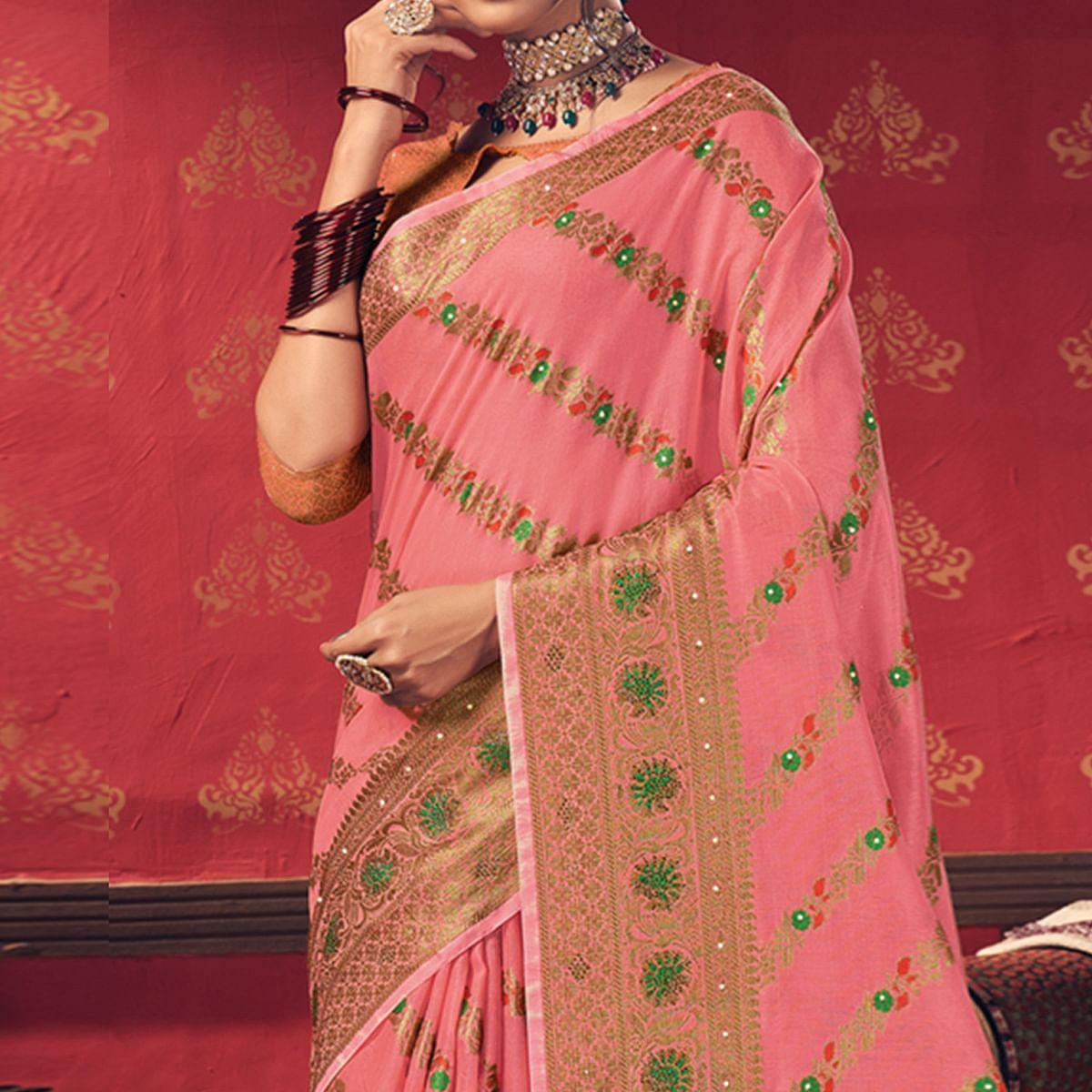 Pink Festive Wear Embellished Cotton Saree - Peachmode