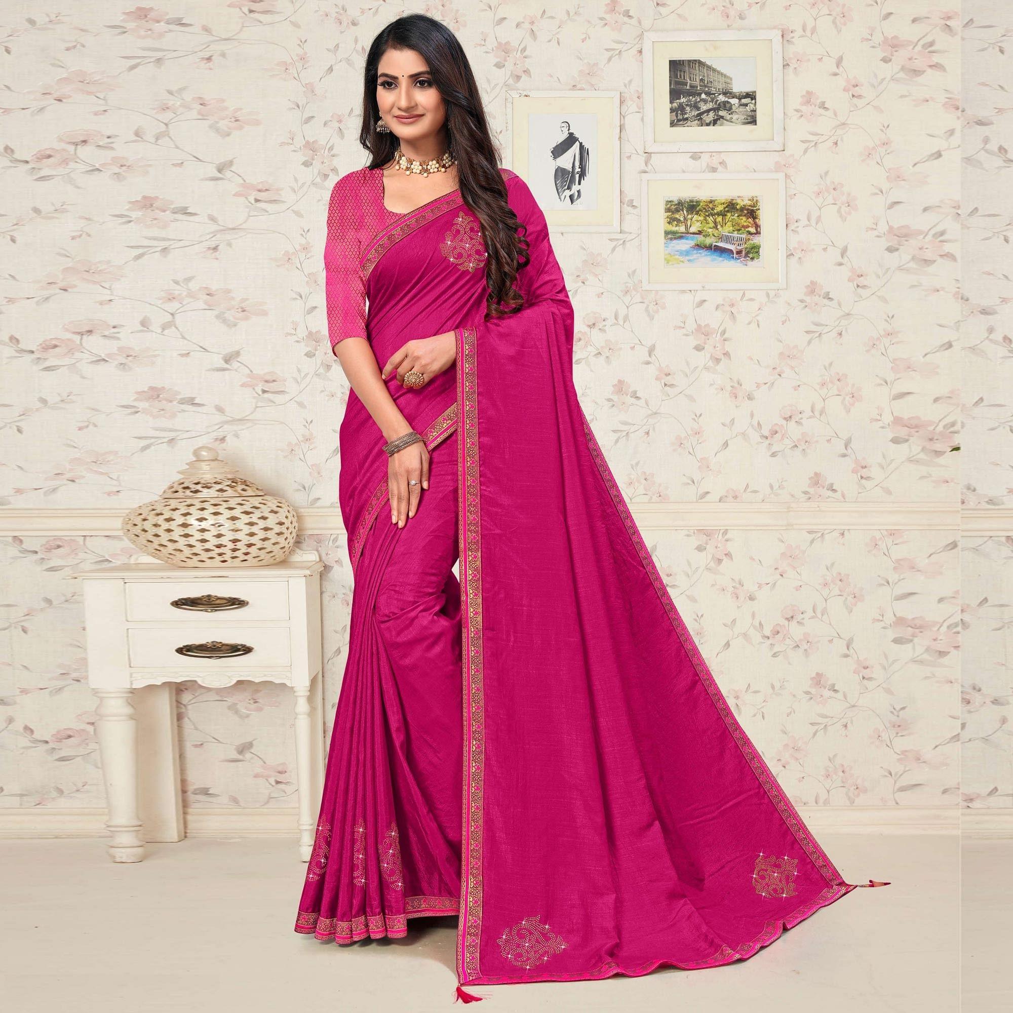 Pink Festive Wear Embellished Vichitra Silk Saree - Peachmode