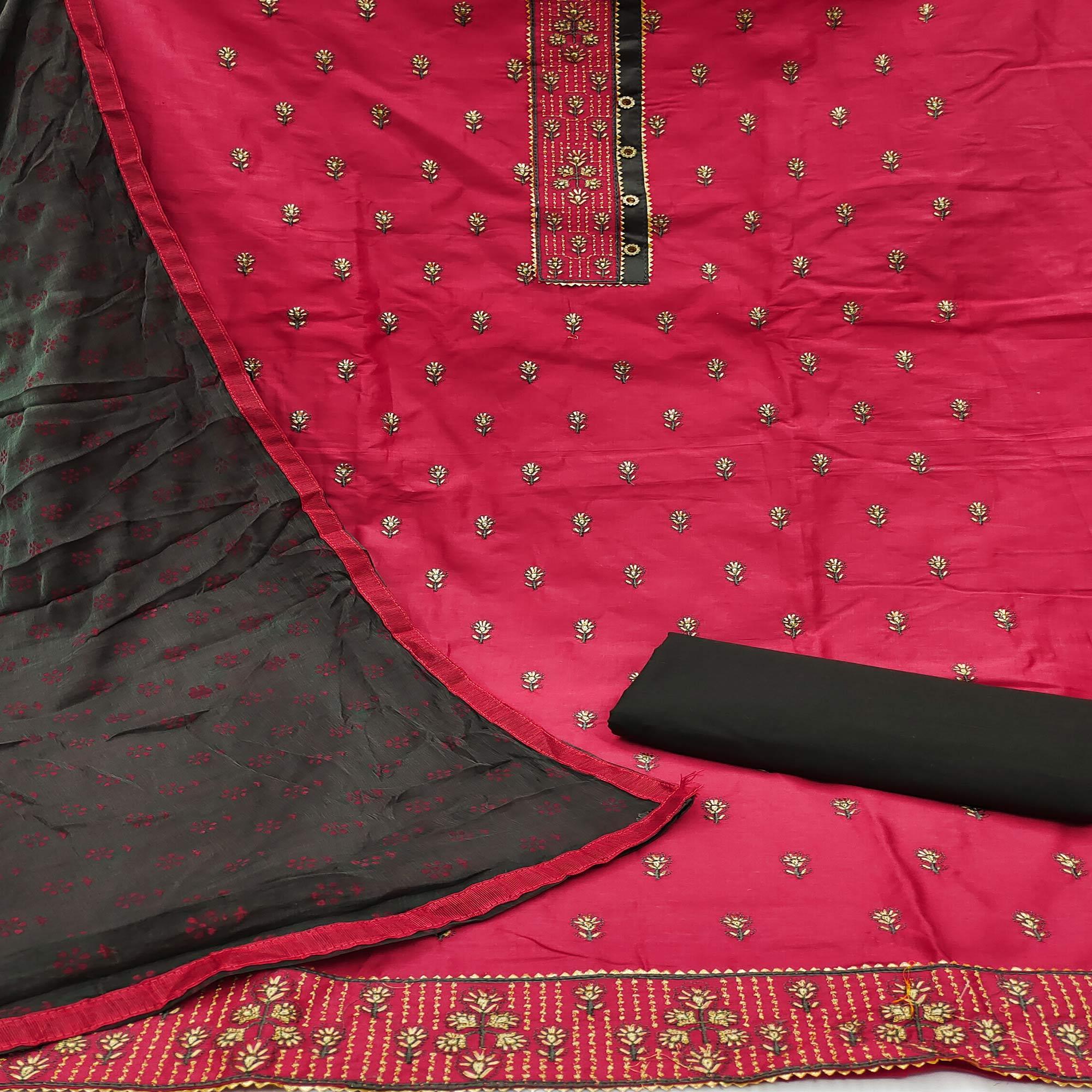 Pink Festive Wear Embroidered & Embellished Cotton Dress Material - Peachmode