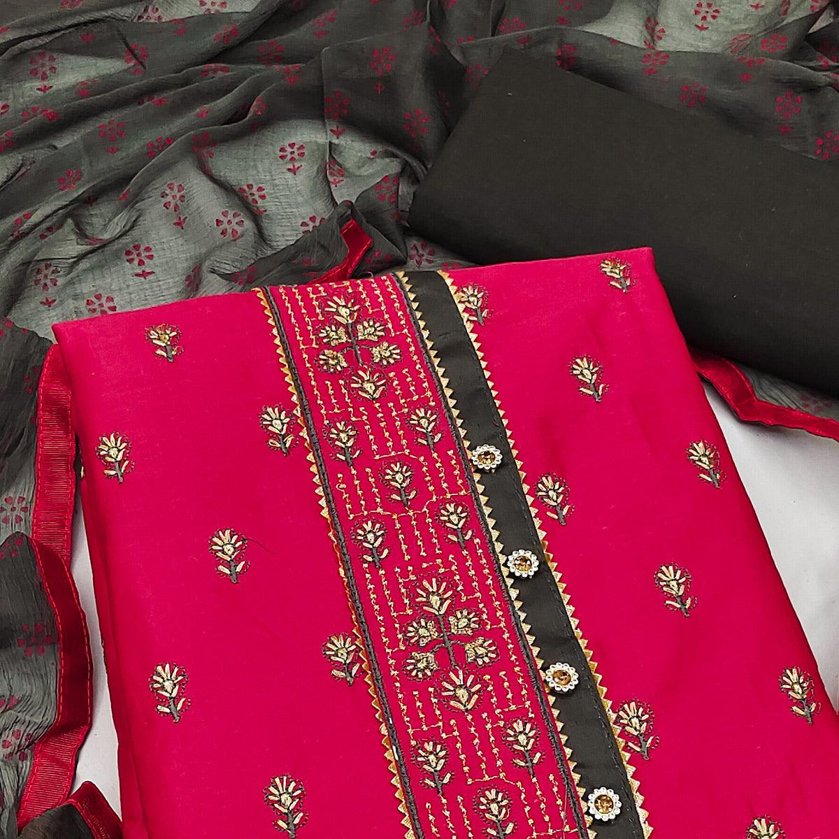 Pink Festive Wear Embroidered & Embellished Cotton Dress Material - Peachmode
