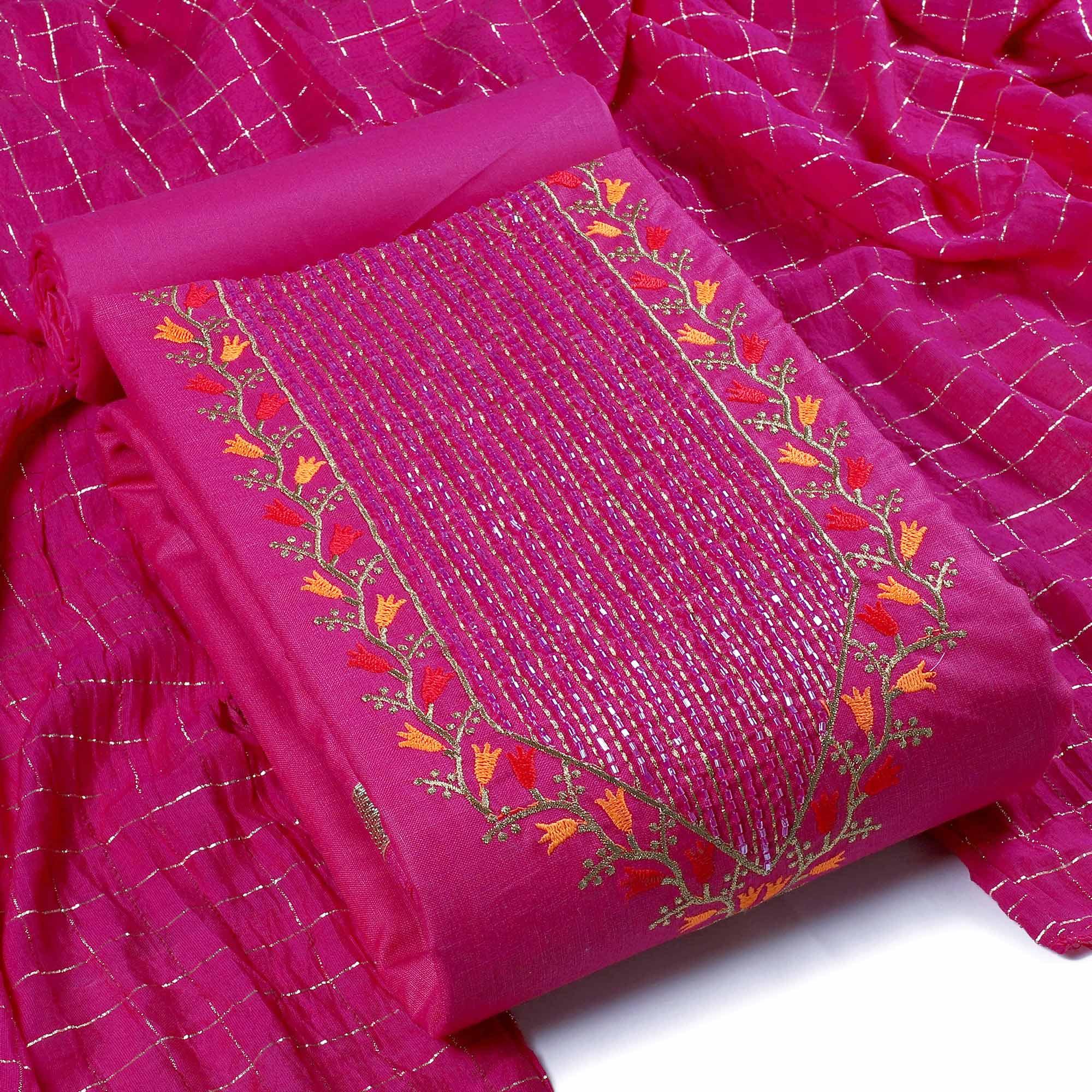 Pink Festive Wear Embroidered Cotton Dress Material - Peachmode