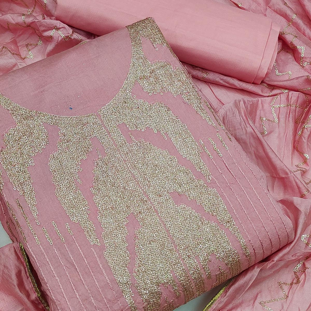 Pink Festive Wear Embroidered Cotton Dress Material - Peachmode