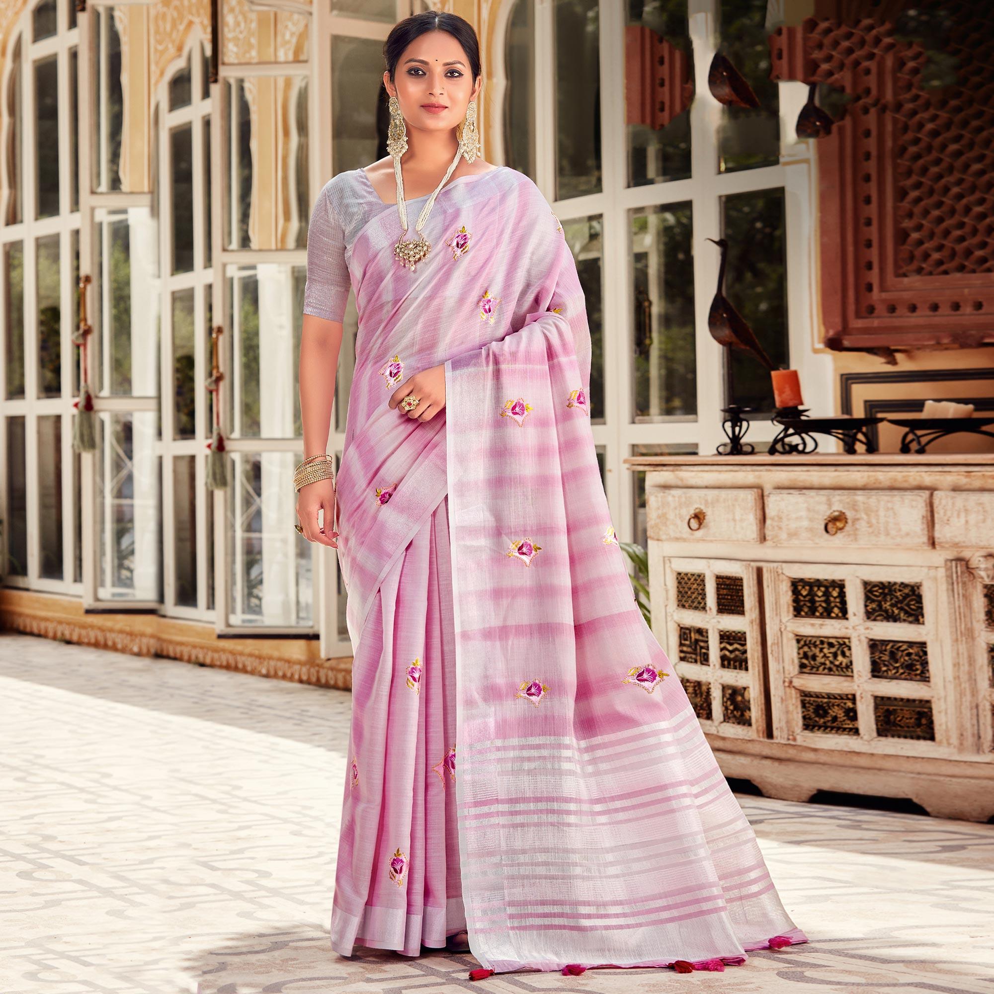 Pink Festive Wear Embroidered Linen Saree - Peachmode