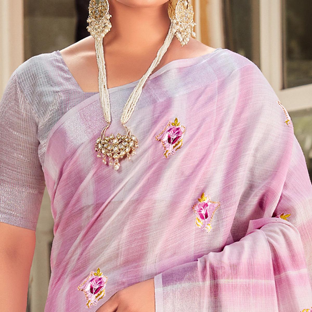 Pink Festive Wear Embroidered Linen Saree - Peachmode