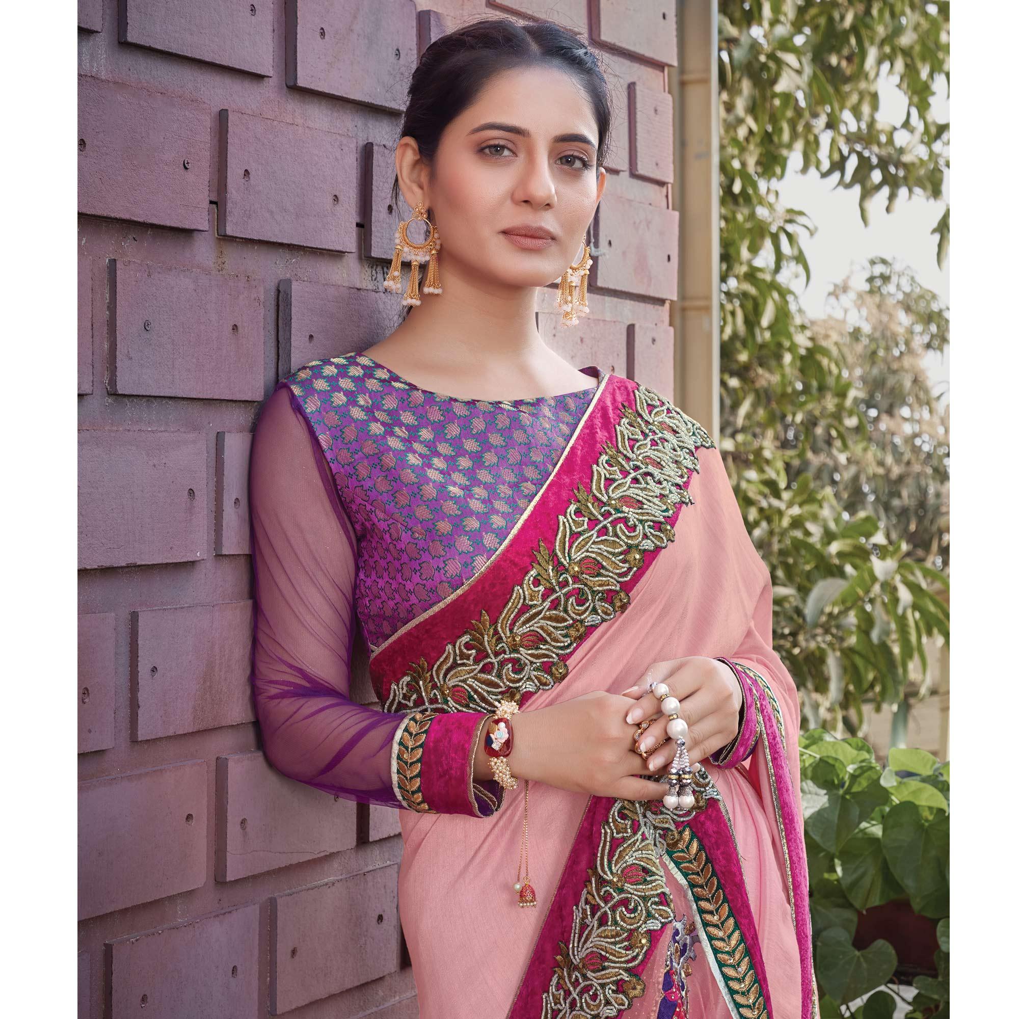Pink Festive Wear Embroidered Silk Georgette Saree - Peachmode