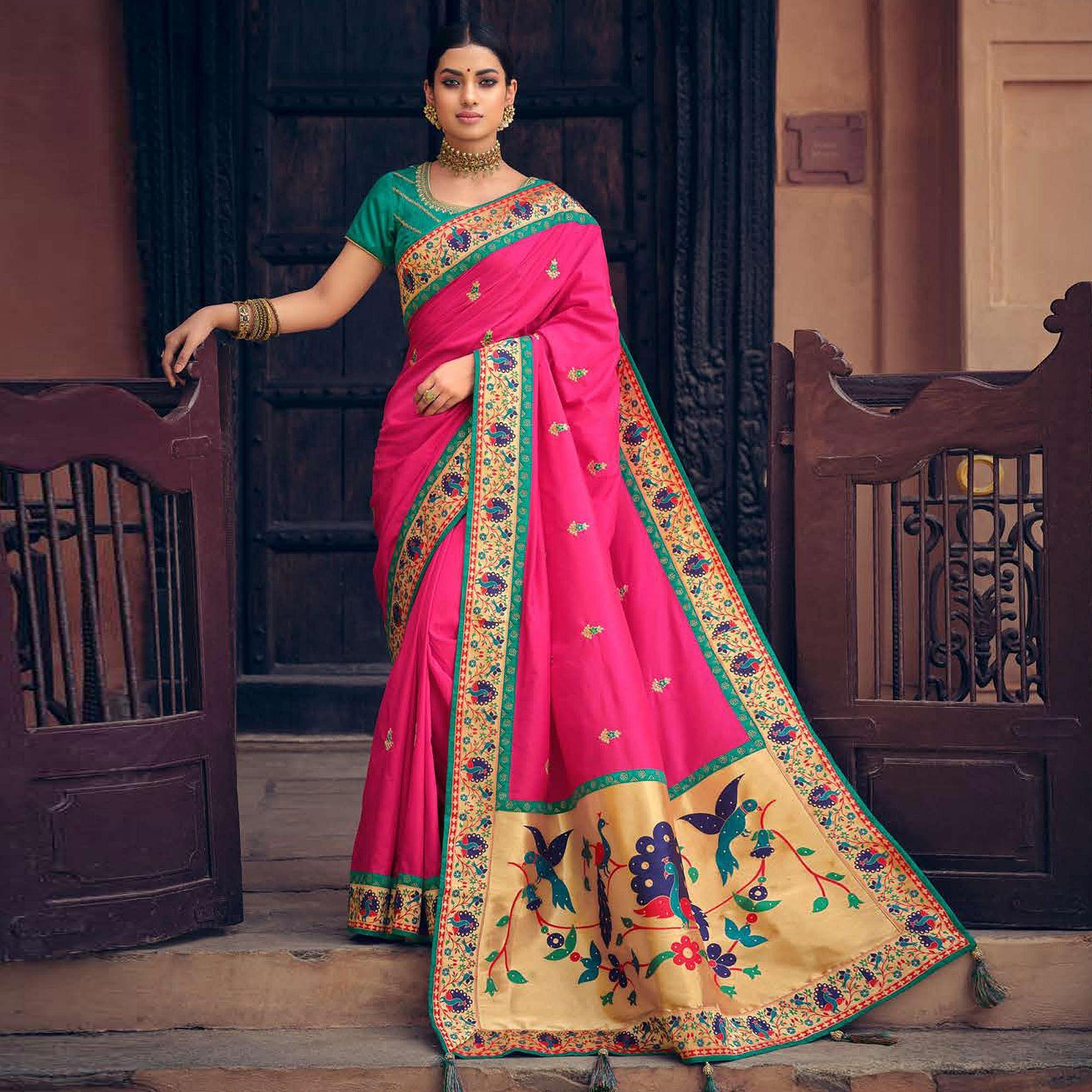 Pink Festive Wear Embroidered Silk Paithani Saree - Peachmode