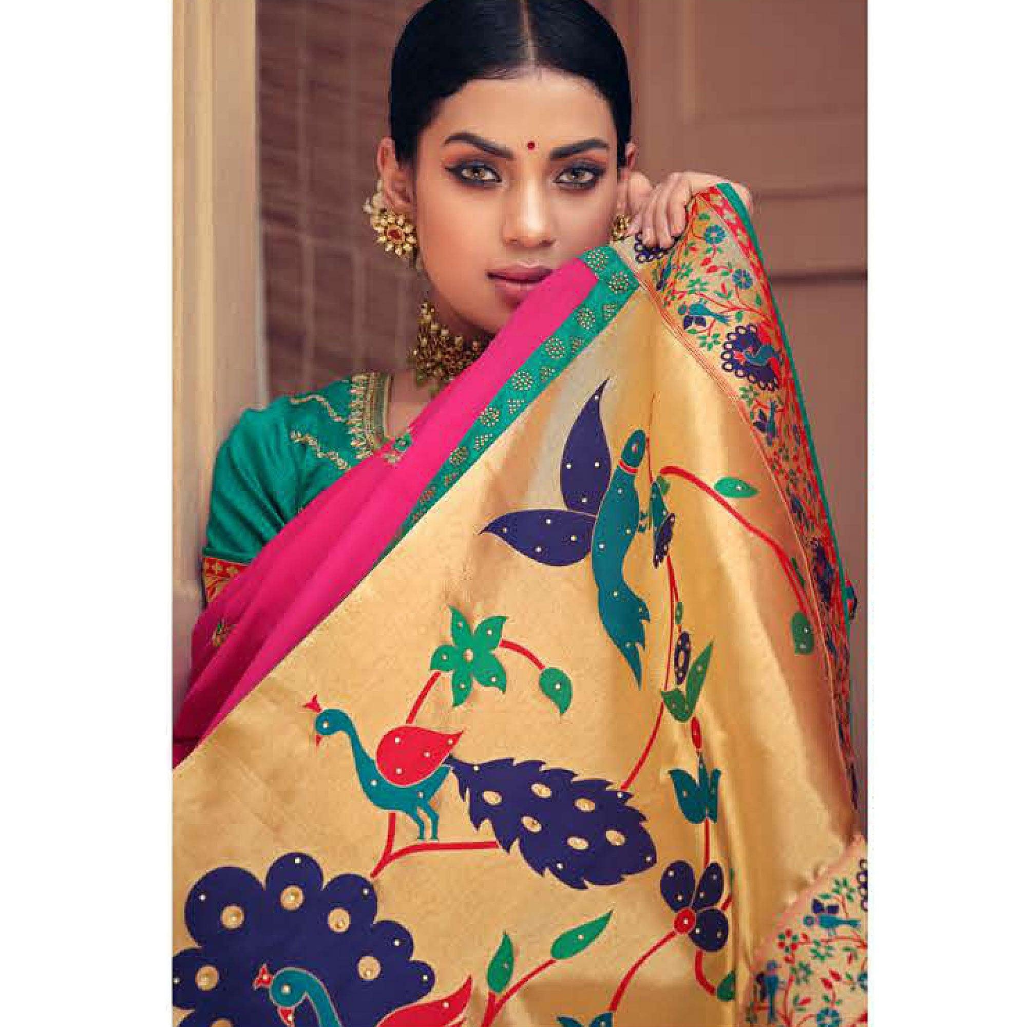Pink Festive Wear Embroidered Silk Paithani Saree - Peachmode