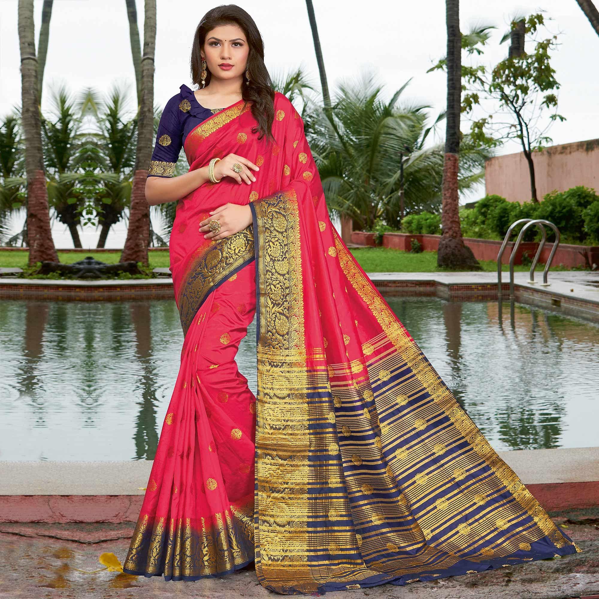 Pink Festive Wear Embroidered Silk Saree - Peachmode