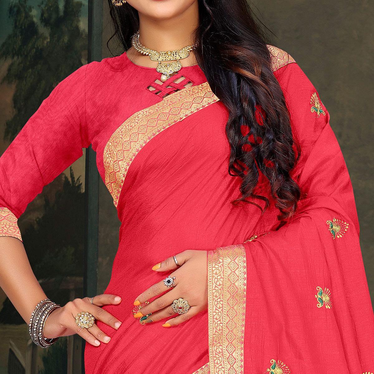 Pink Festive Wear Embroidered Vichitra Silk Saree - Peachmode