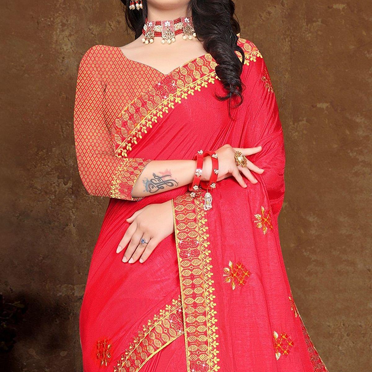 Pink Festive Wear Embroidered Vichitra Silk Saree - Peachmode