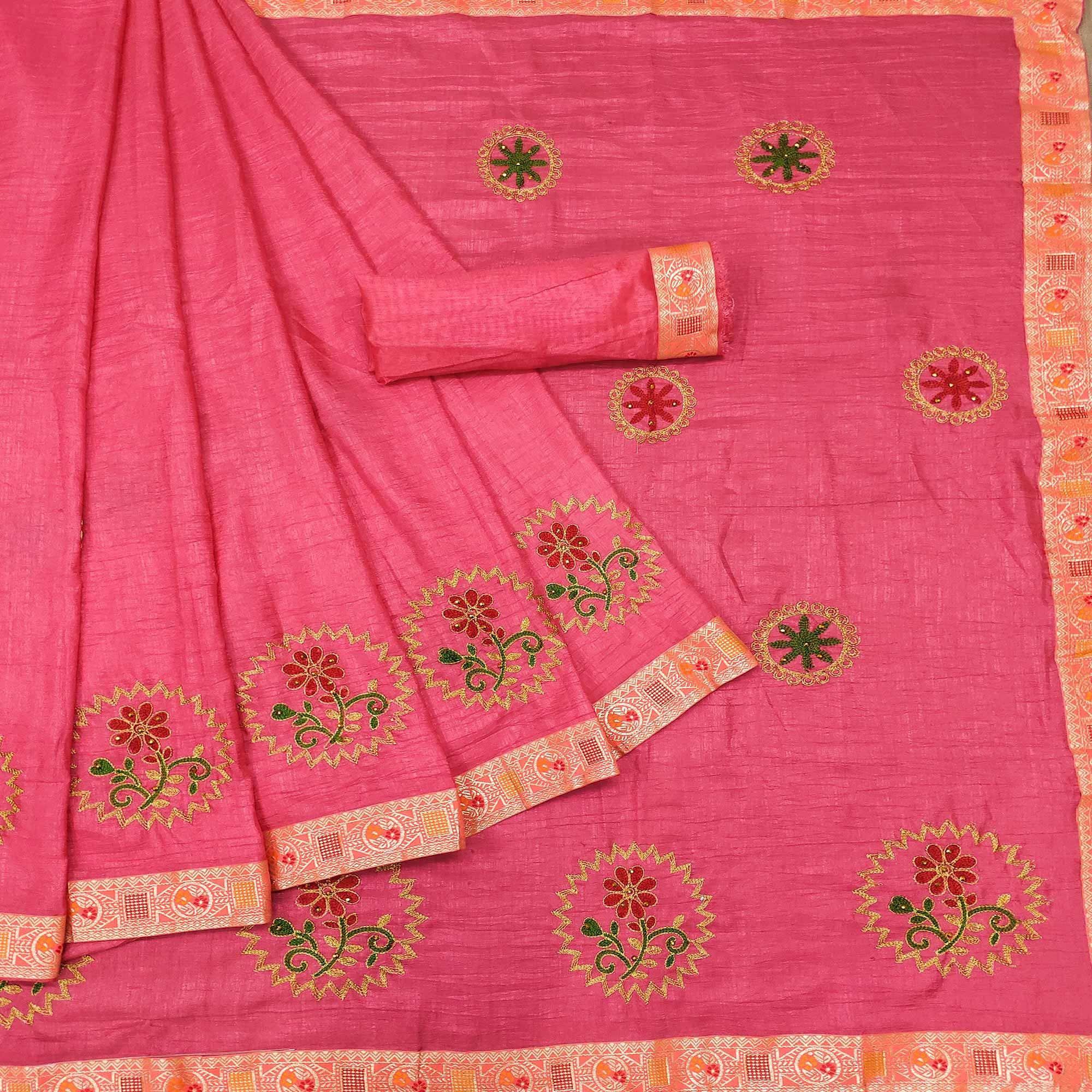 Pink Festive Wear Embroidered With Embellished Vichitra Silk Saree - Peachmode