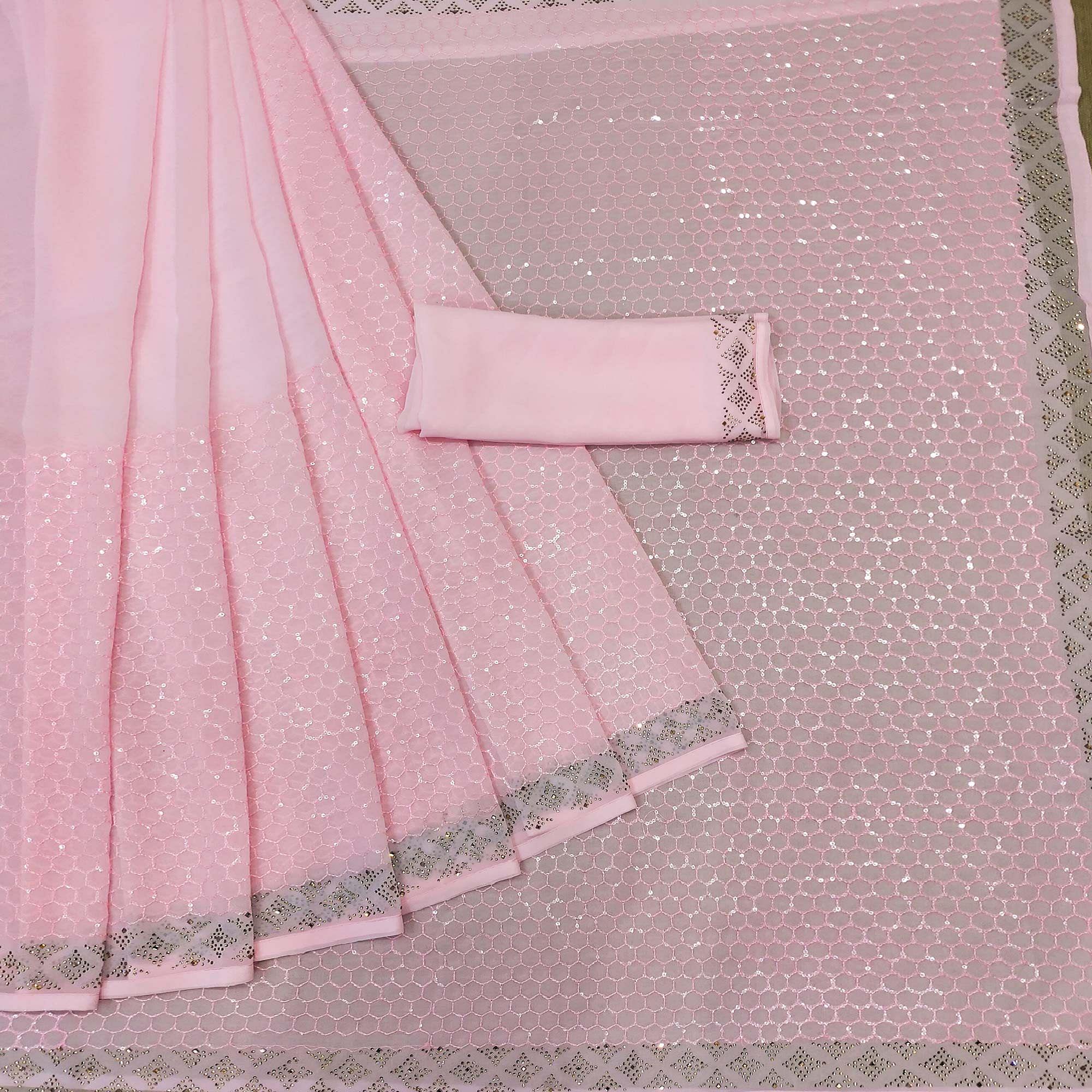 Pink Festive Wear Embroidery With Embellished Georgette Saree - Peachmode