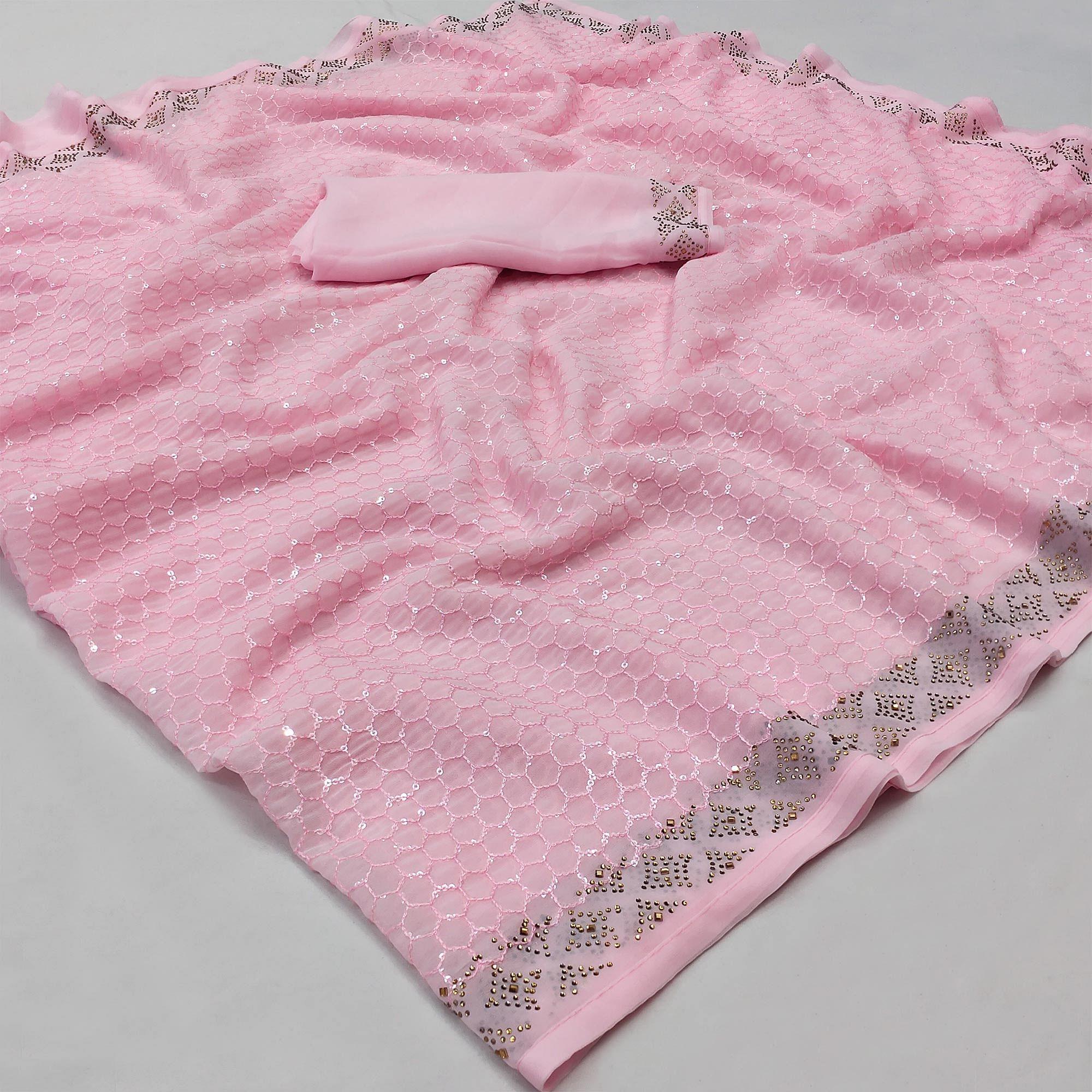 Pink Festive Wear Embroidery With Embellished Georgette Saree - Peachmode