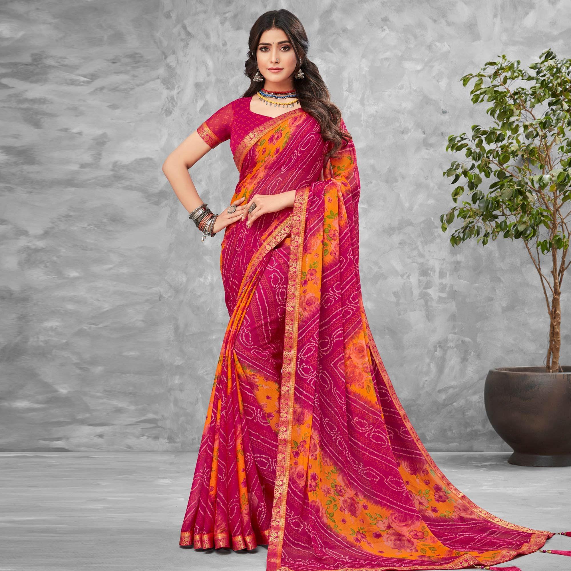 Pink Festive Wear Floral Bandhani Printed Chiffon Saree - Peachmode