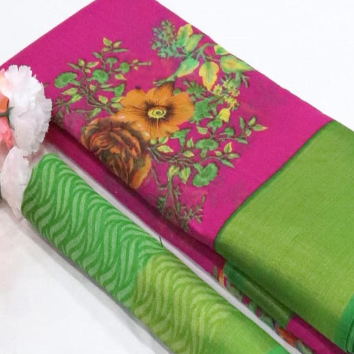 Pink Festive Wear Floral Digital Print With Sonakshi Zari Border Cotton Saree - Peachmode