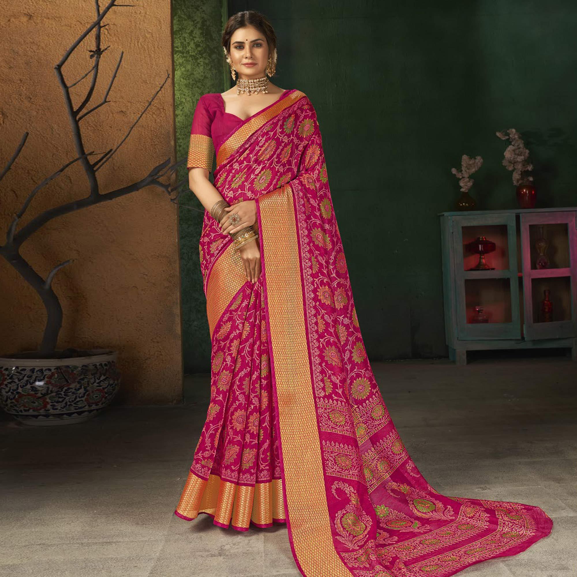Pink Festive Wear Floral Digital Printed Cotton Saree - Peachmode