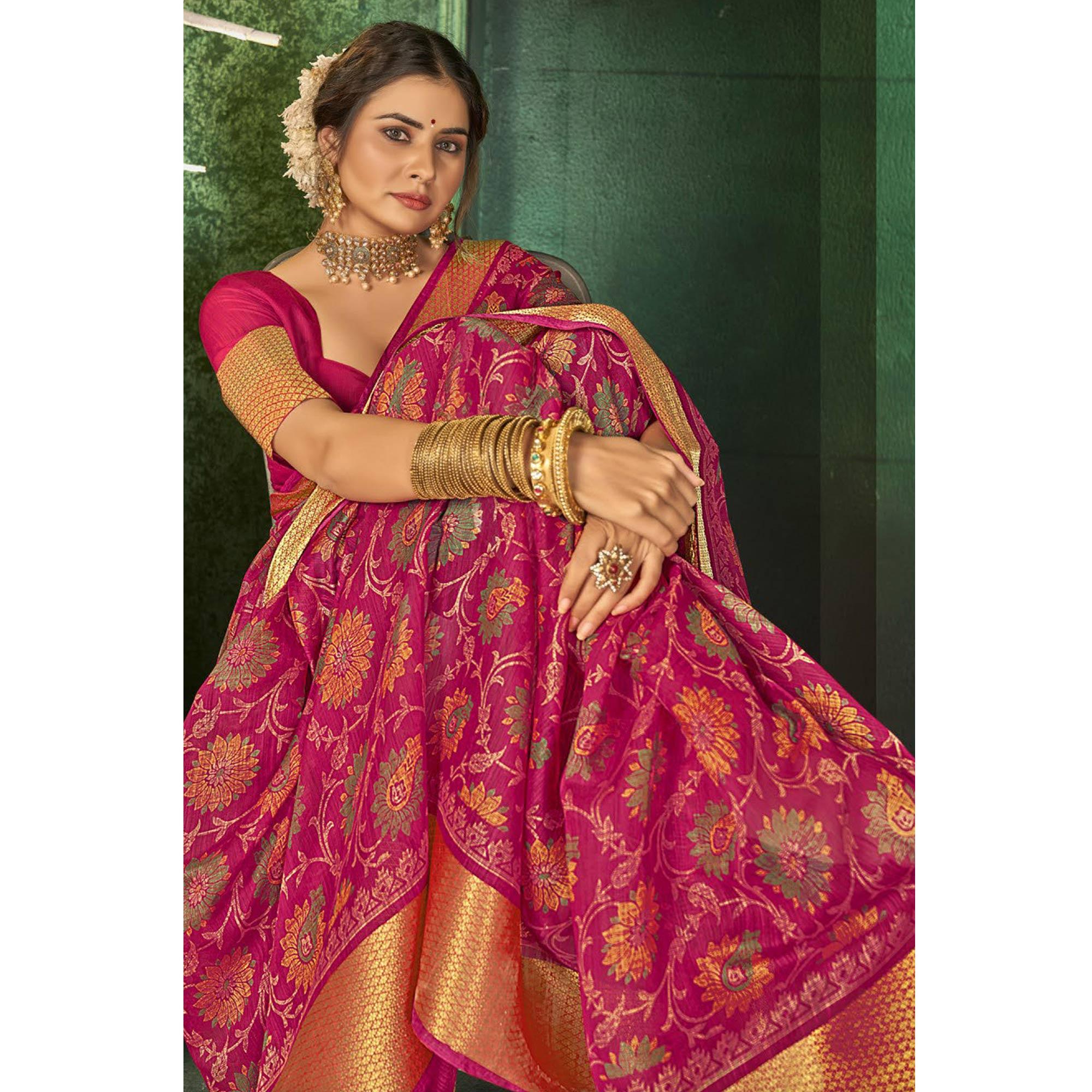 Pink Festive Wear Floral Digital Printed Cotton Saree - Peachmode