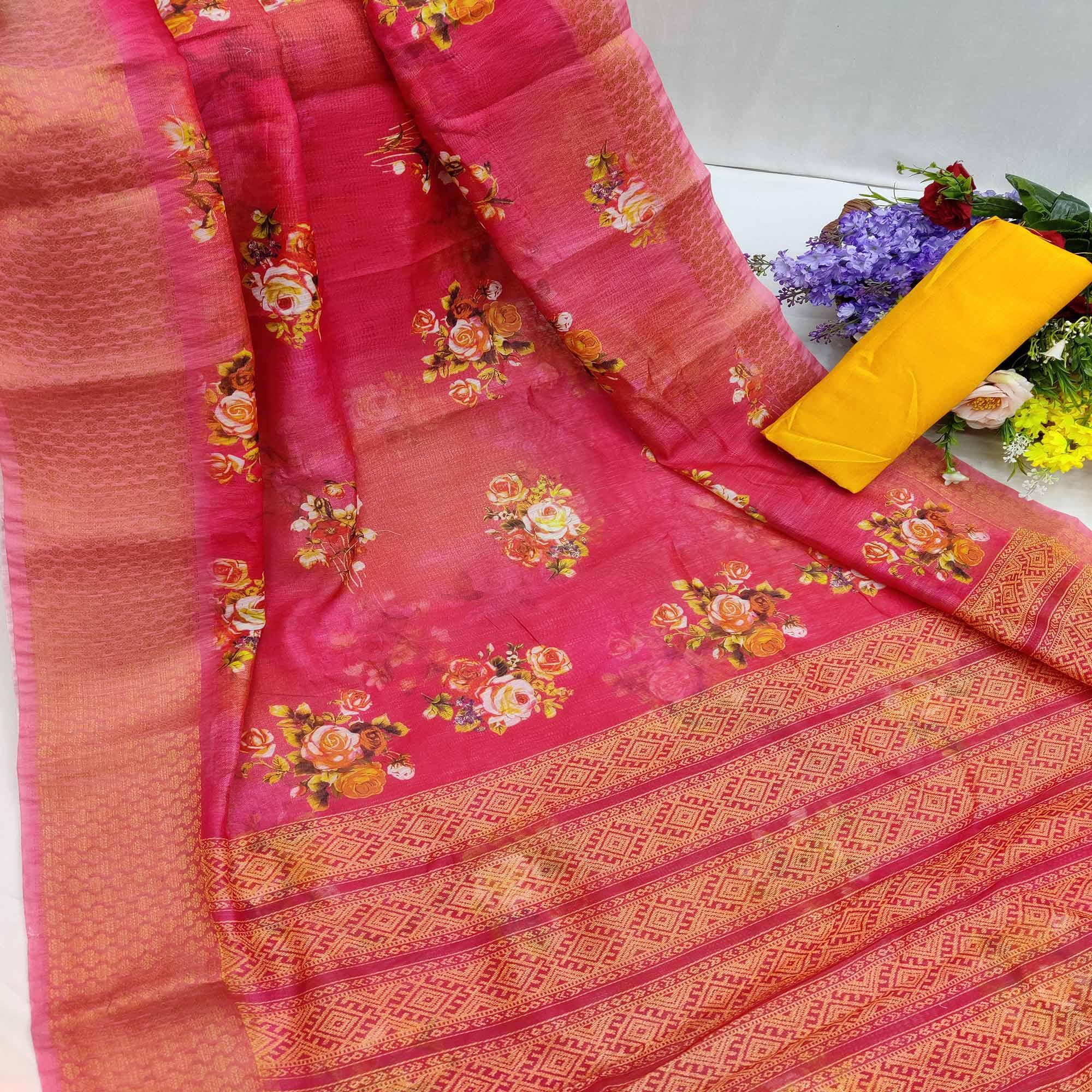 Pink Festive Wear Floral Digital Printed With Woven Zari Border Cotton Saree - Peachmode