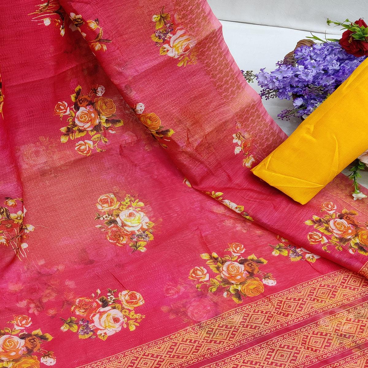Pink Festive Wear Floral Digital Printed With Woven Zari Border Cotton Saree - Peachmode
