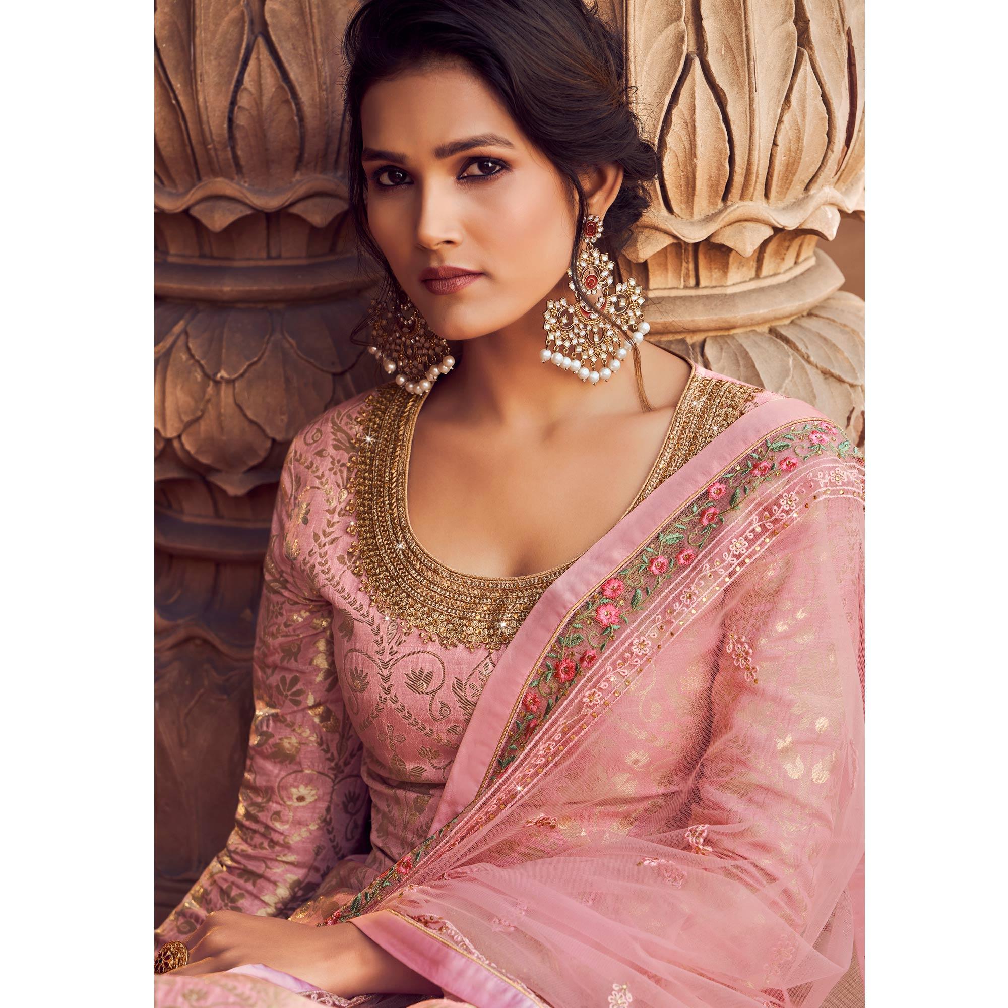 Pink Festive Wear Floral Emboidered With Diamond Net Lehenga Choli - Peachmode