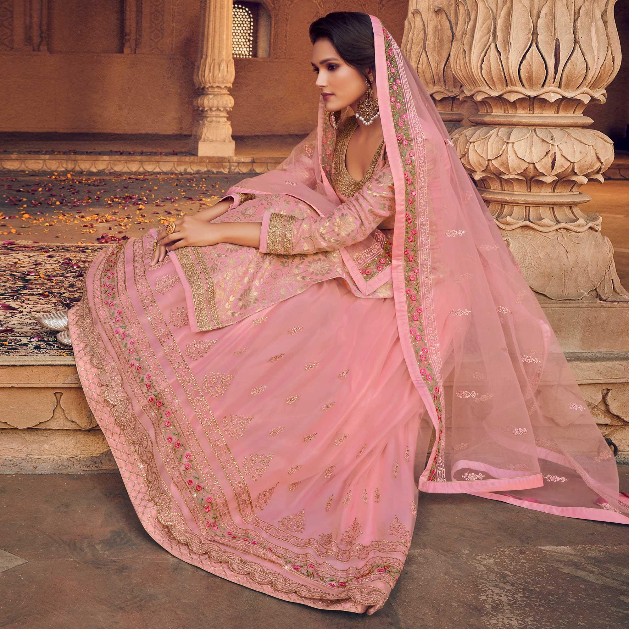 Pink Festive Wear Floral Emboidered With Diamond Net Lehenga Choli - Peachmode