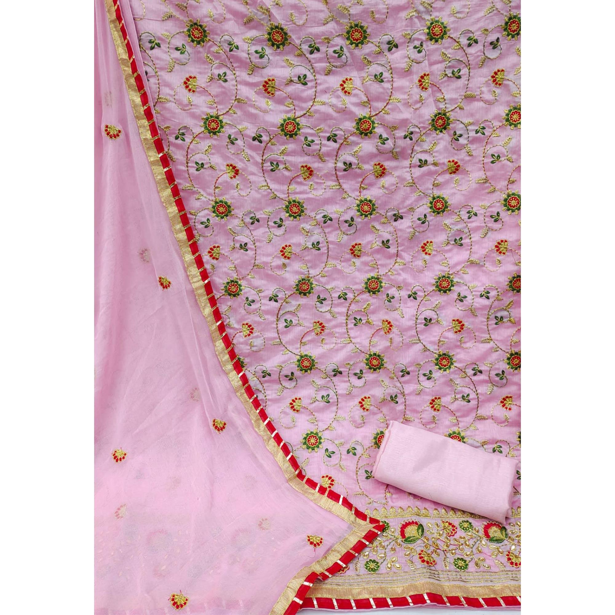 Pink Festive Wear Floral Embroidered Chanderi Dress Material - Peachmode
