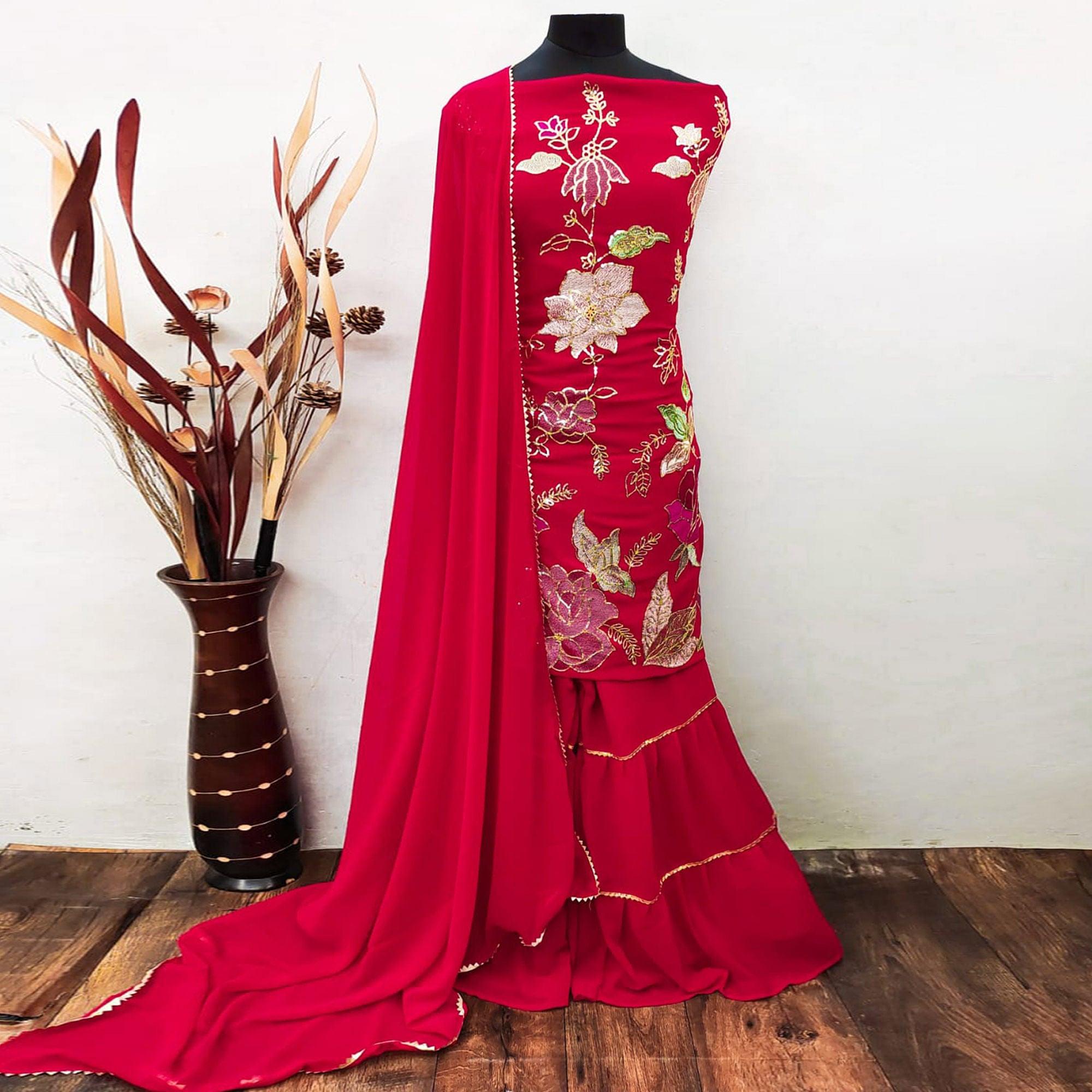 Pink Festive Wear Floral Embroidered Georgette Sharara Suit - Peachmode