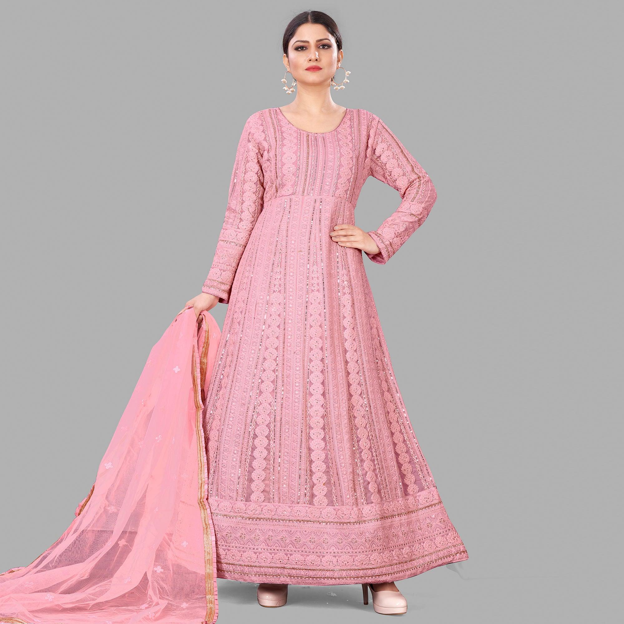 Pink Festive Wear Floral Embroidered Heavy Georgette Floor Length A Line Suit - Peachmode