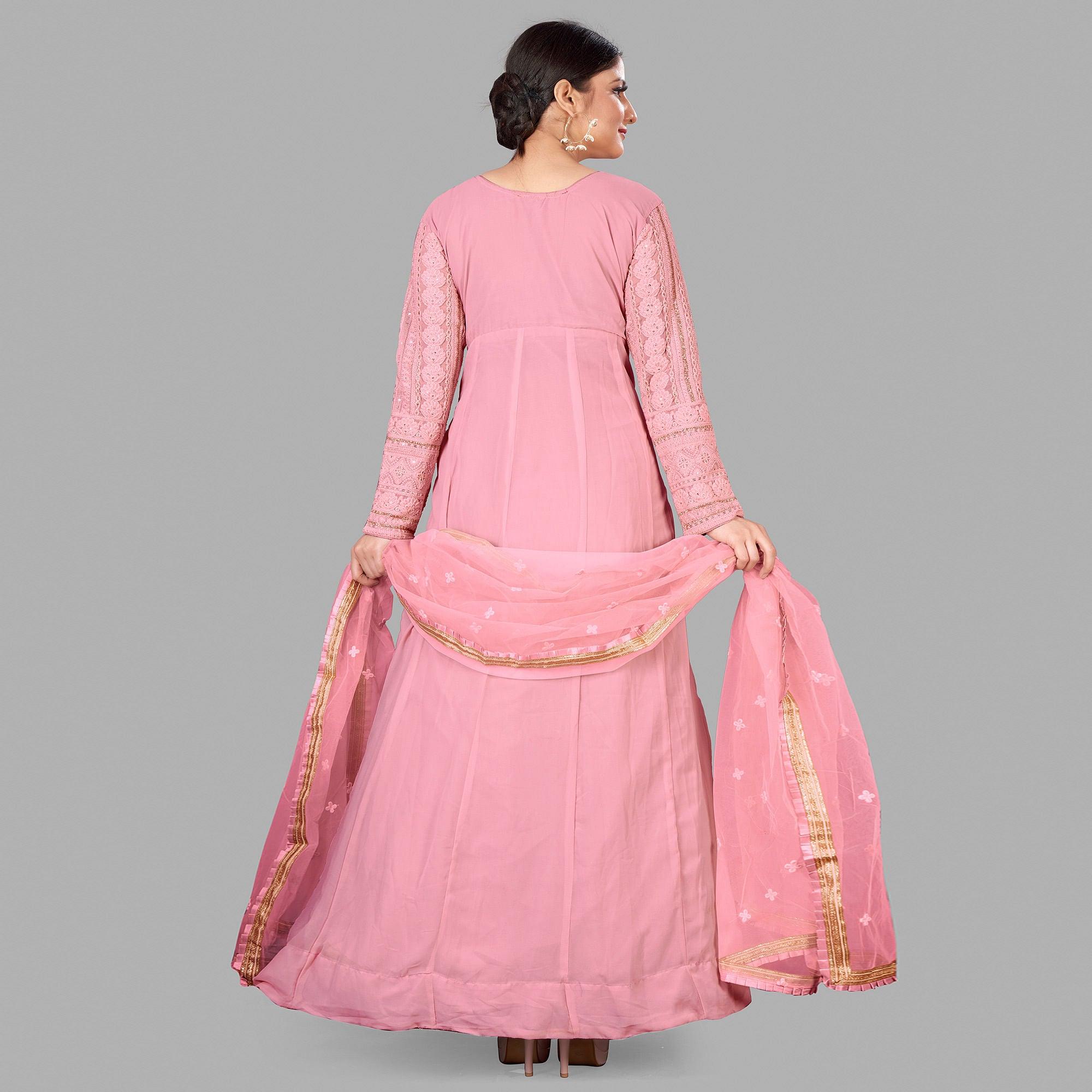 Pink Festive Wear Floral Embroidered Heavy Georgette Floor Length A Line Suit - Peachmode