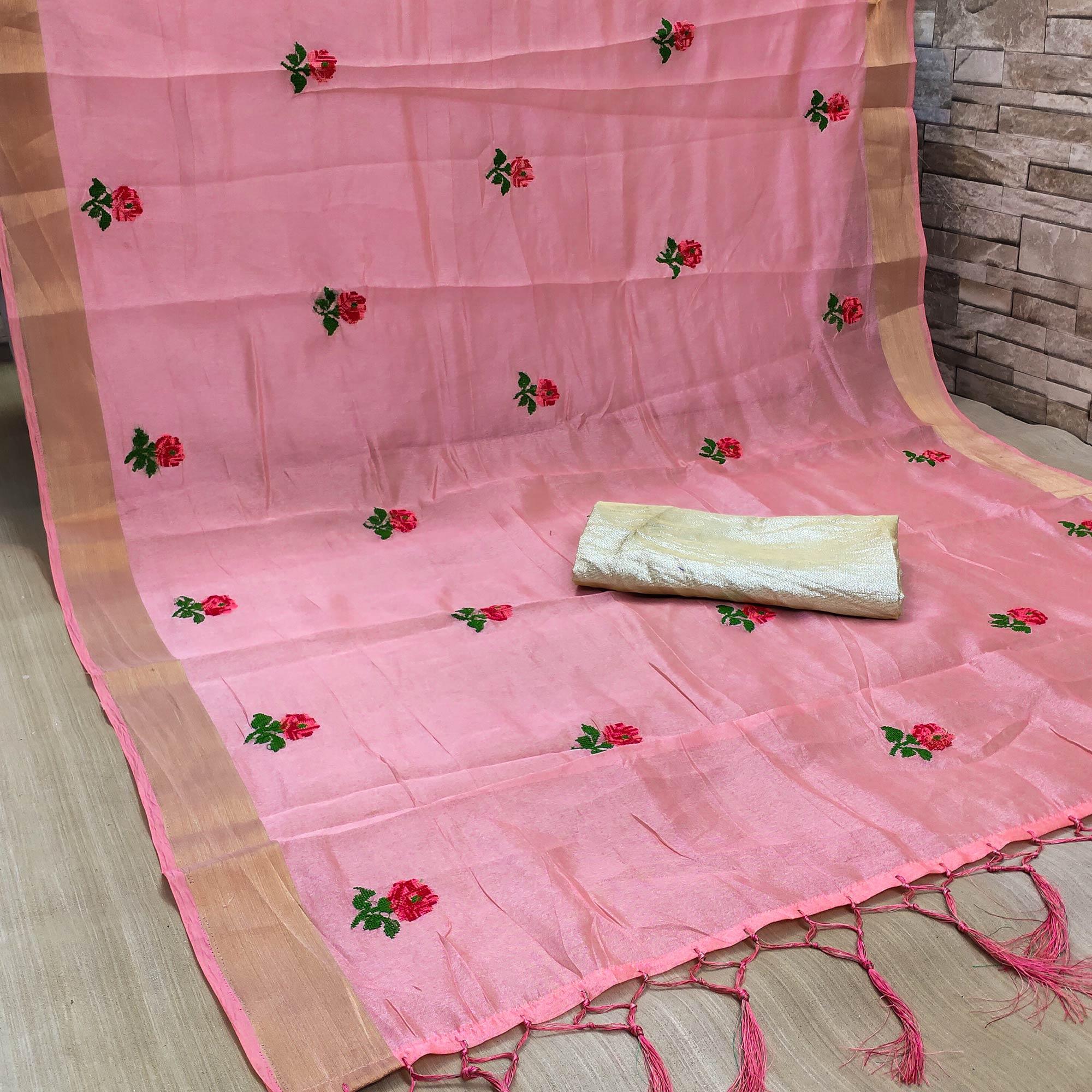 Pink Festive Wear Floral Embroidered Manipuri Silk Saree With Tassels - Peachmode